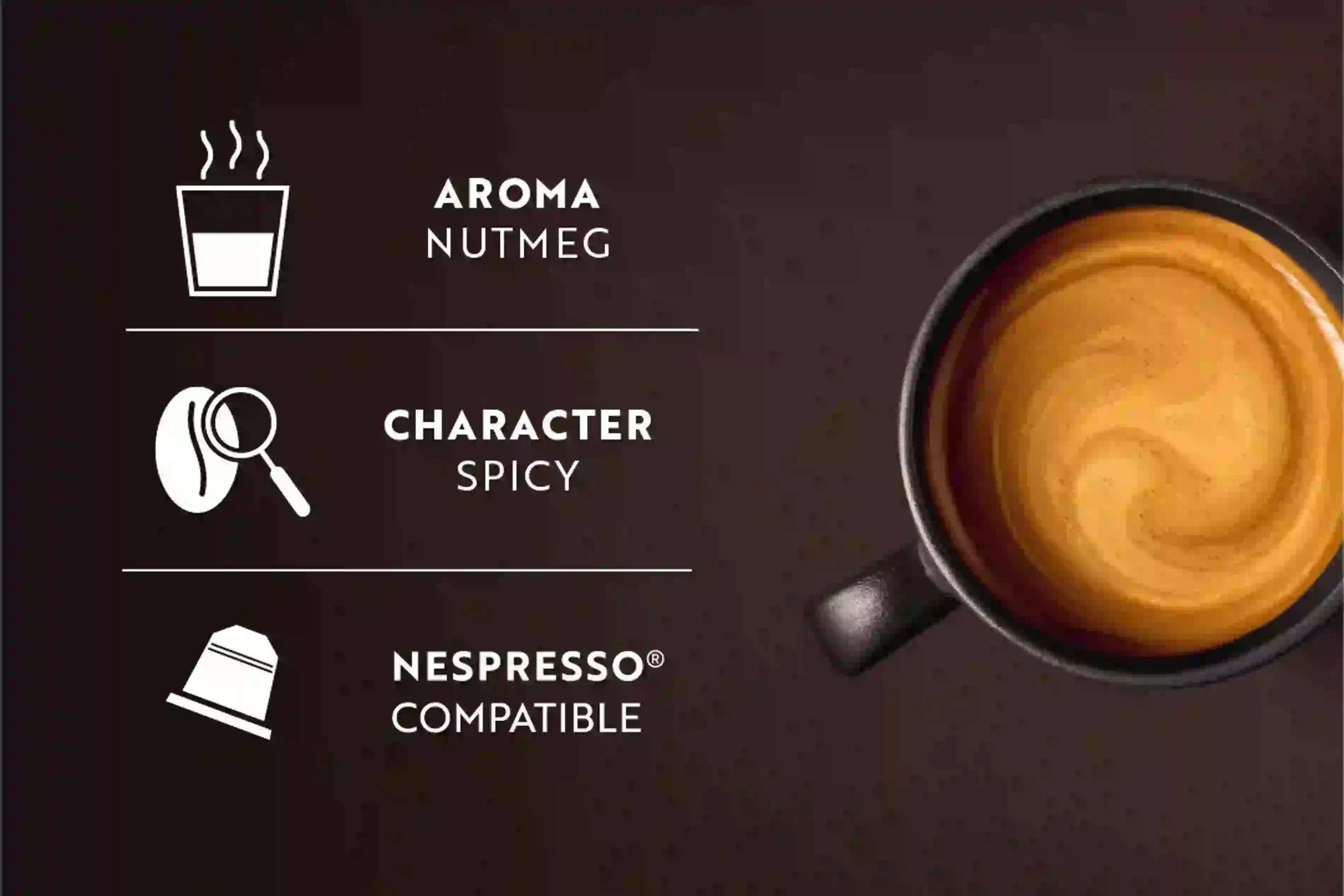 Eine Grafik, die Kaffeedetails zeigt: Aroma Muskatnuss, würziger Charakter und Nespresso-Kompatibilität.