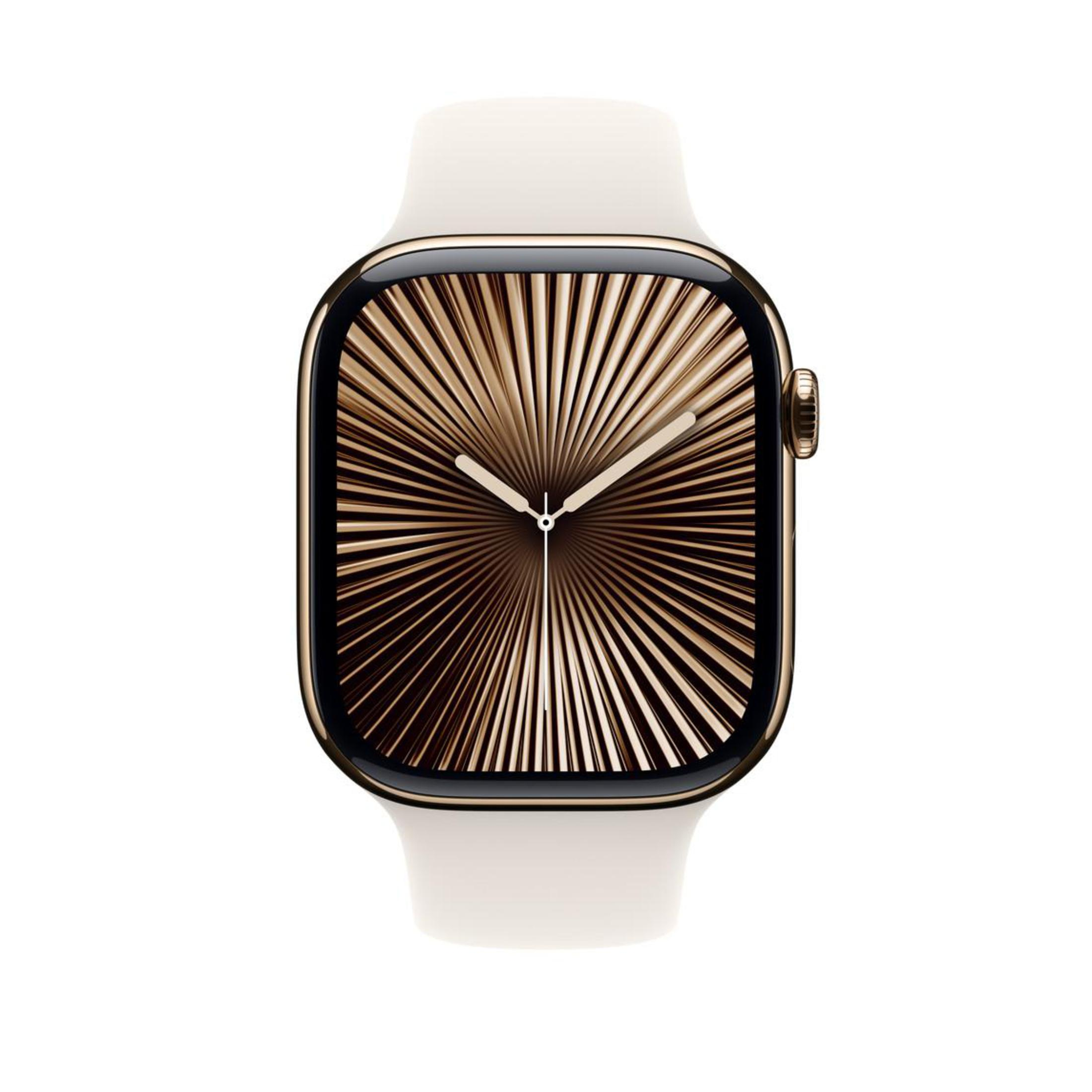 Un Apple Watch dorato con un cinturino bianco mostra un motivo dorato radiale sullo schermo.