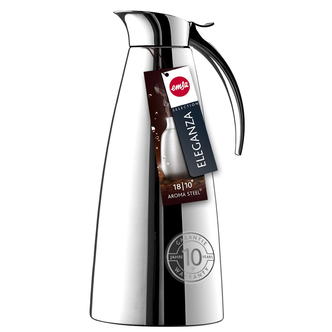 Eine silberne Emsa Eleganza Thermoskanne mit einem Etikett, das ihre Aroma-Stahlkonstruktion hervorhebt.