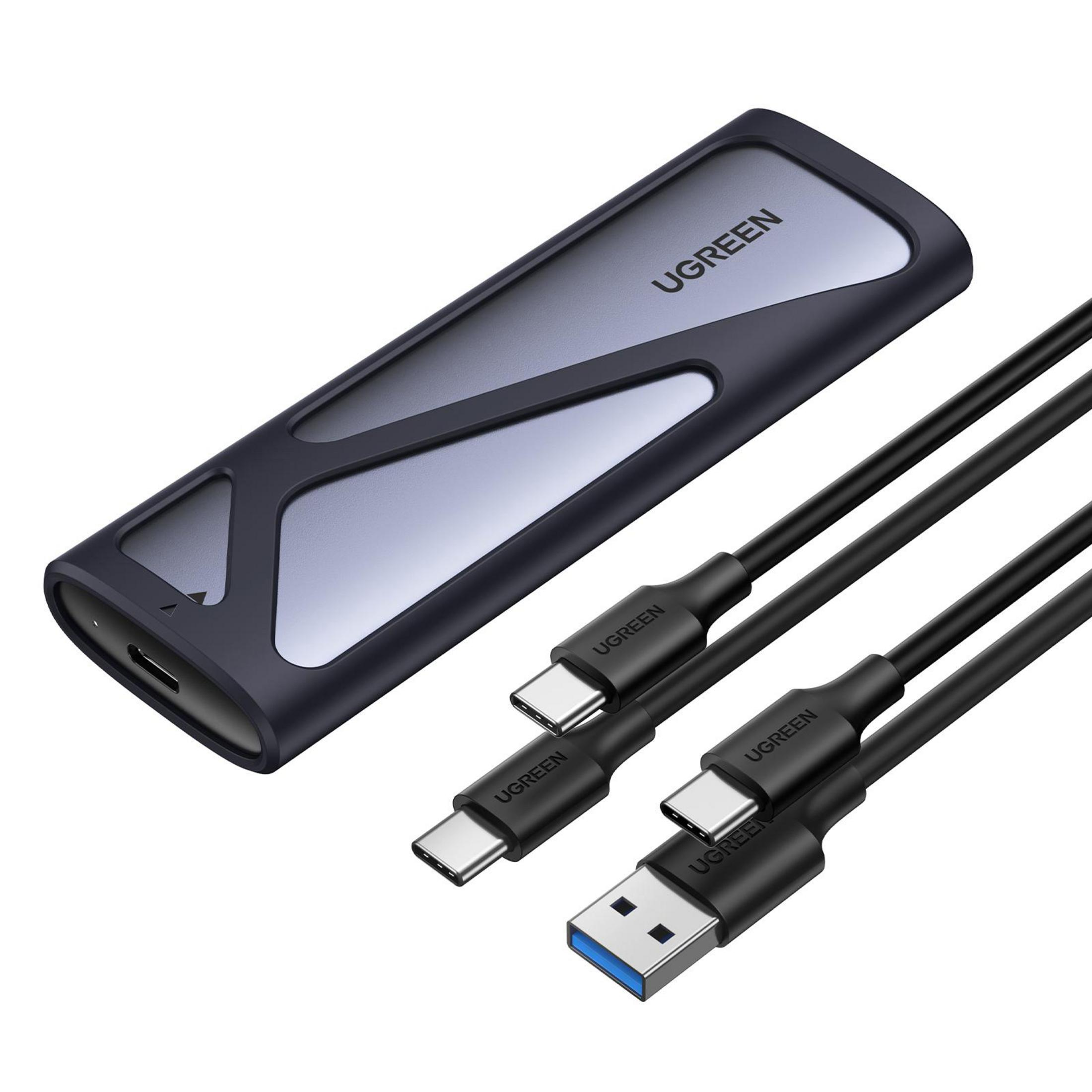 Custodia SSD UGREEN nera e grigia e tre cavi USB neri.