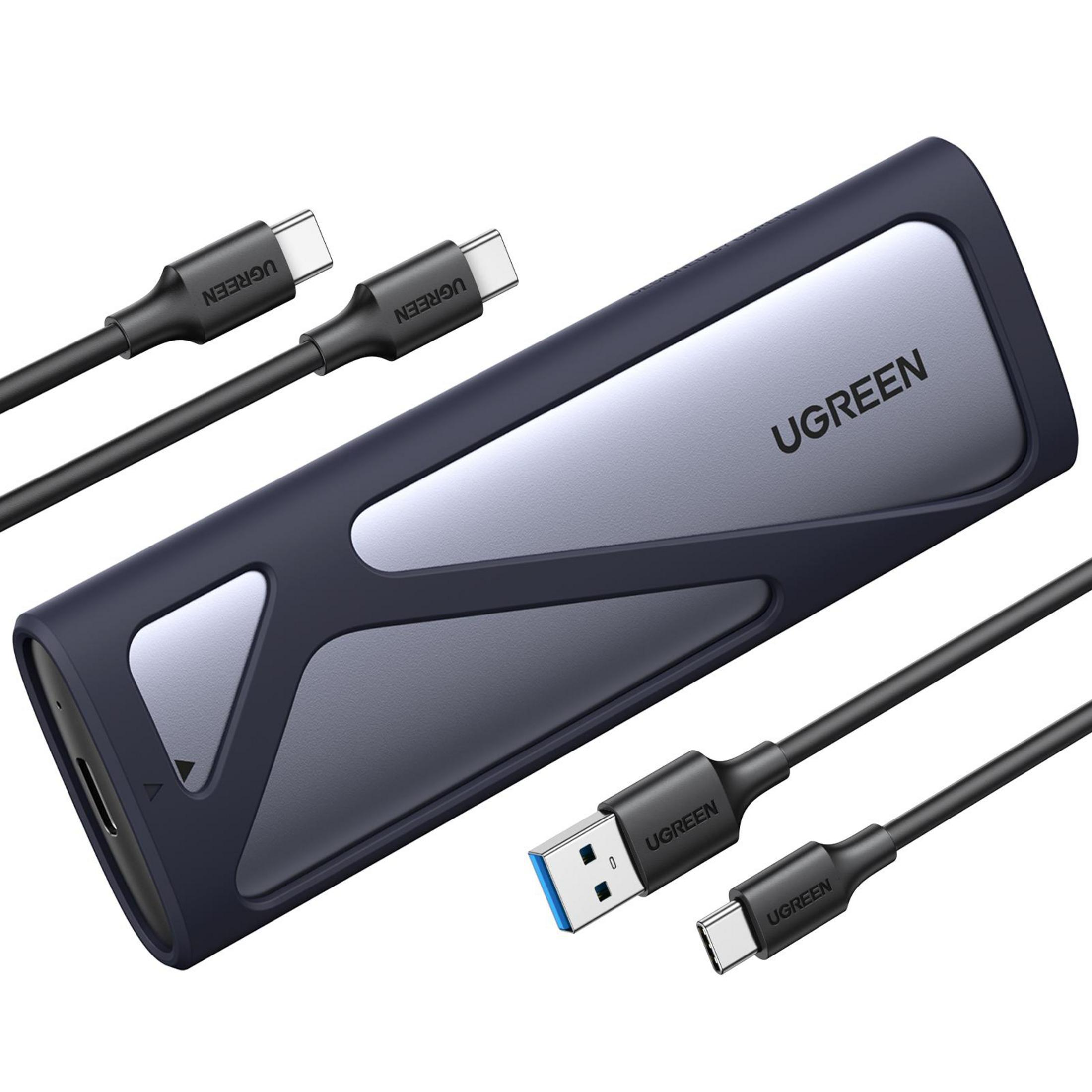 Custodia SSD UGREEN e tre cavi USB neri.