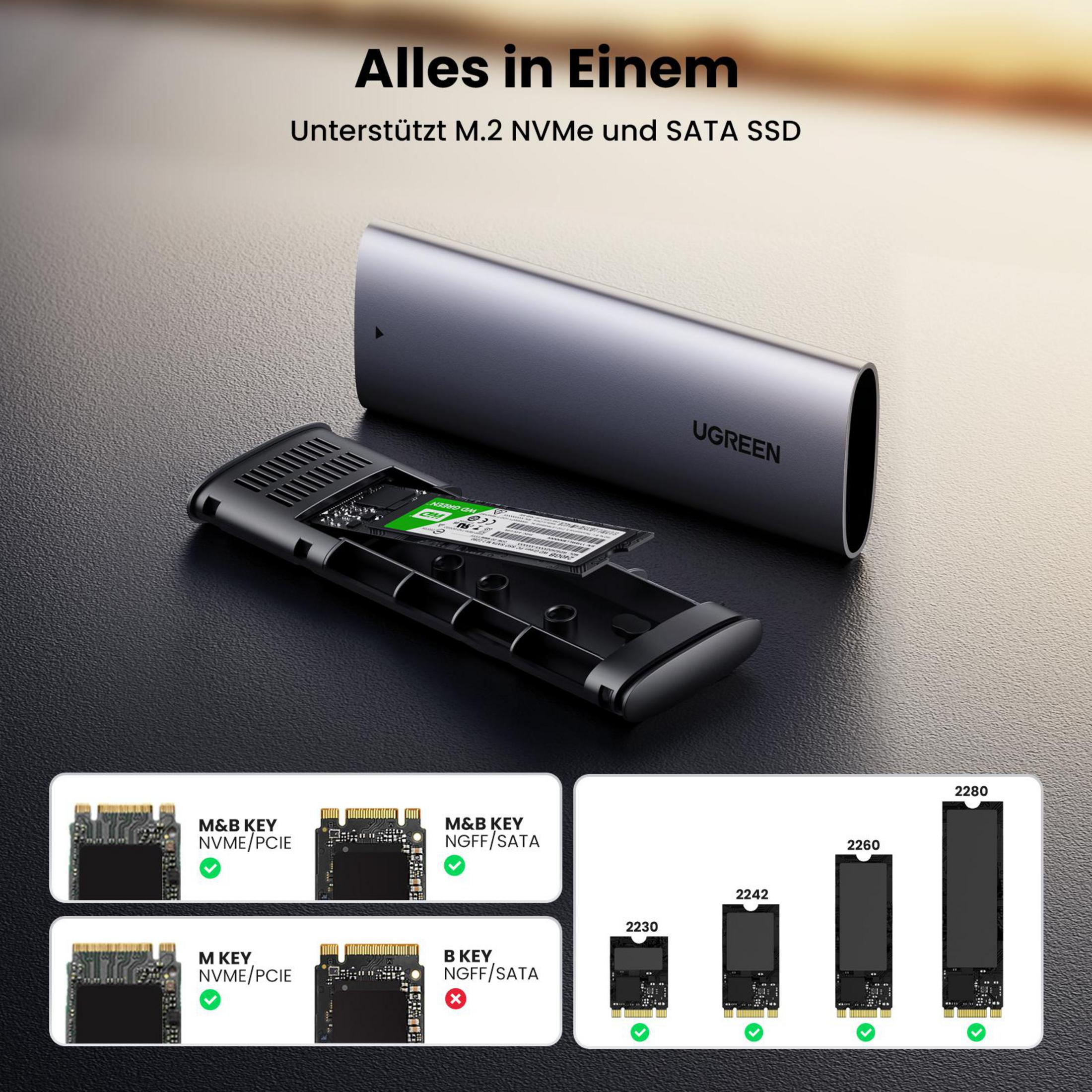 Custodia SSD argentata con un circuito verde. Testo e schemi visibili.