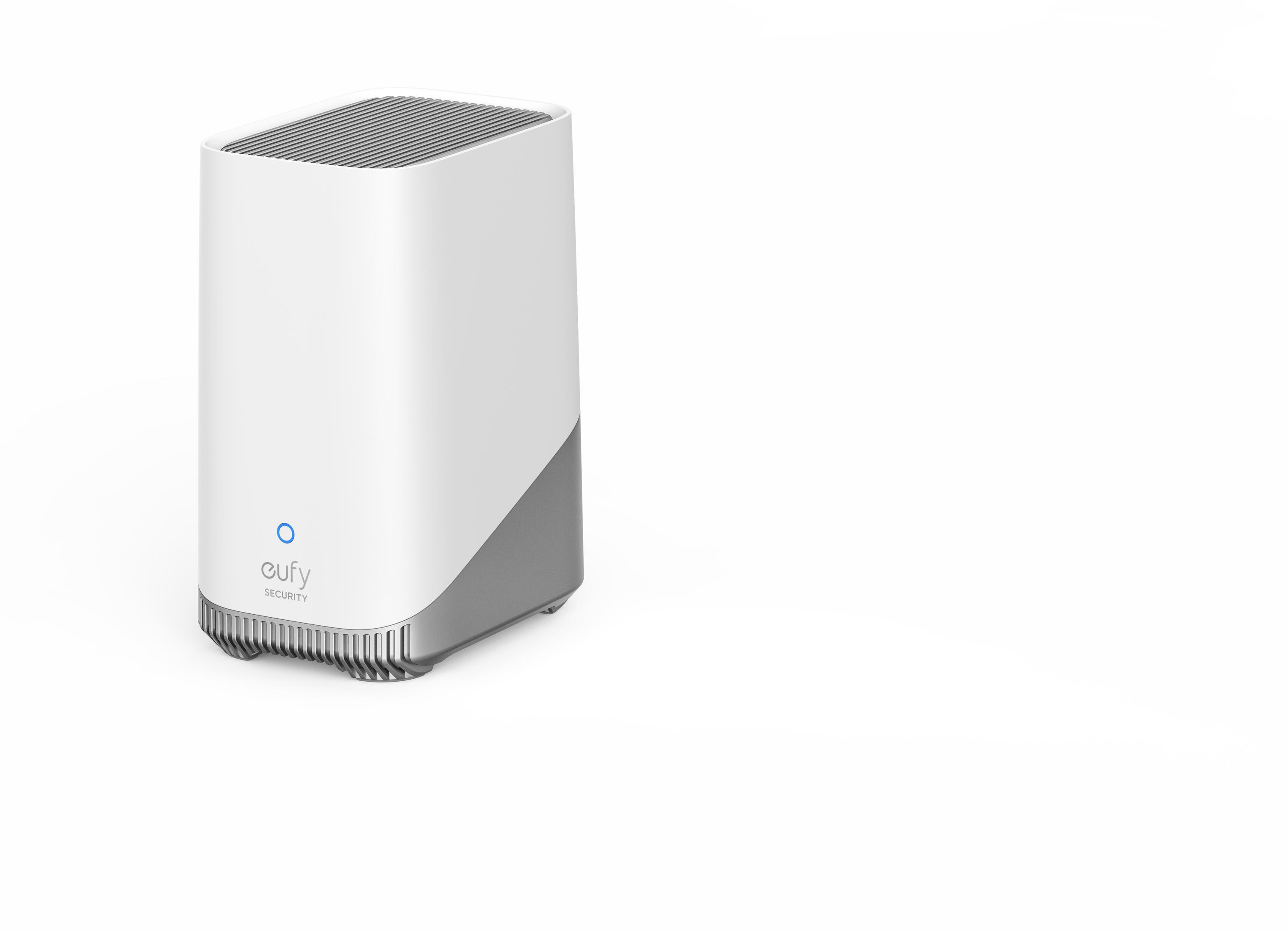 Biała stacja bazowa Eufy z szarą podstawą na białym tle.