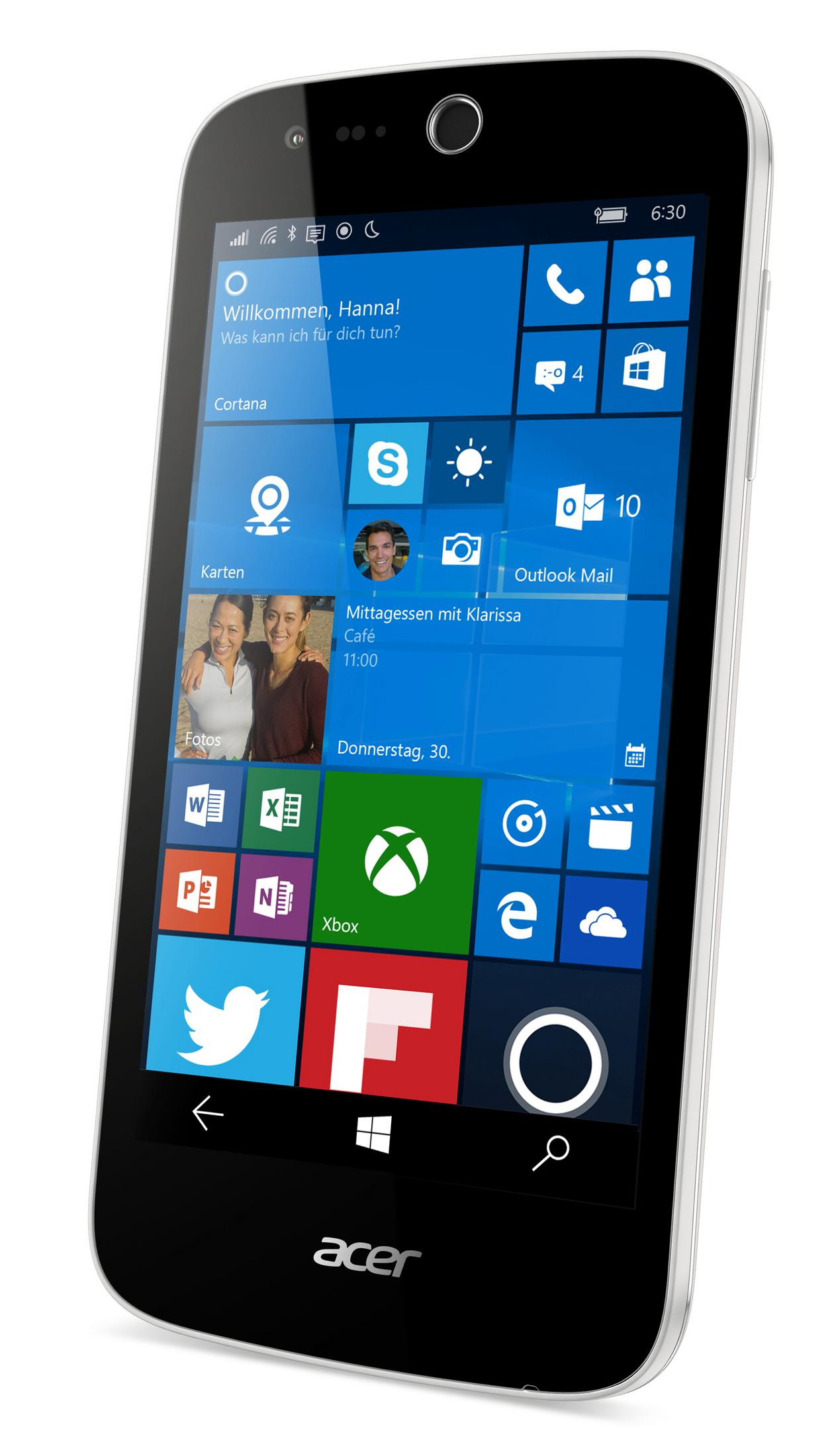 Ein schwarzes Acer-Smartphone, das den Windows-Startbildschirm mit farbenfrohen App-Kacheln anzeigt.
