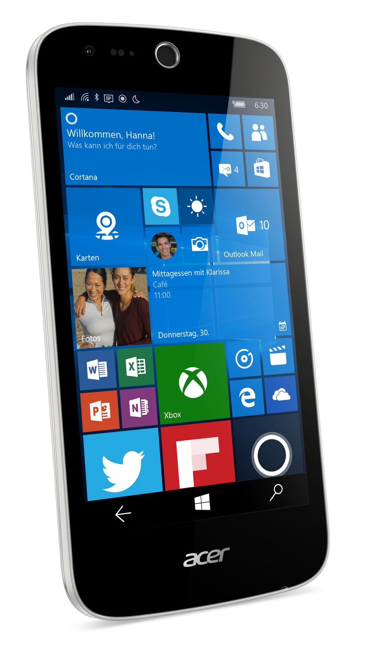 Ein schwarzes Acer-Smartphone, das den Windows-Startbildschirm mit verschiedenen farbenfrohen App-Kacheln anzeigt.