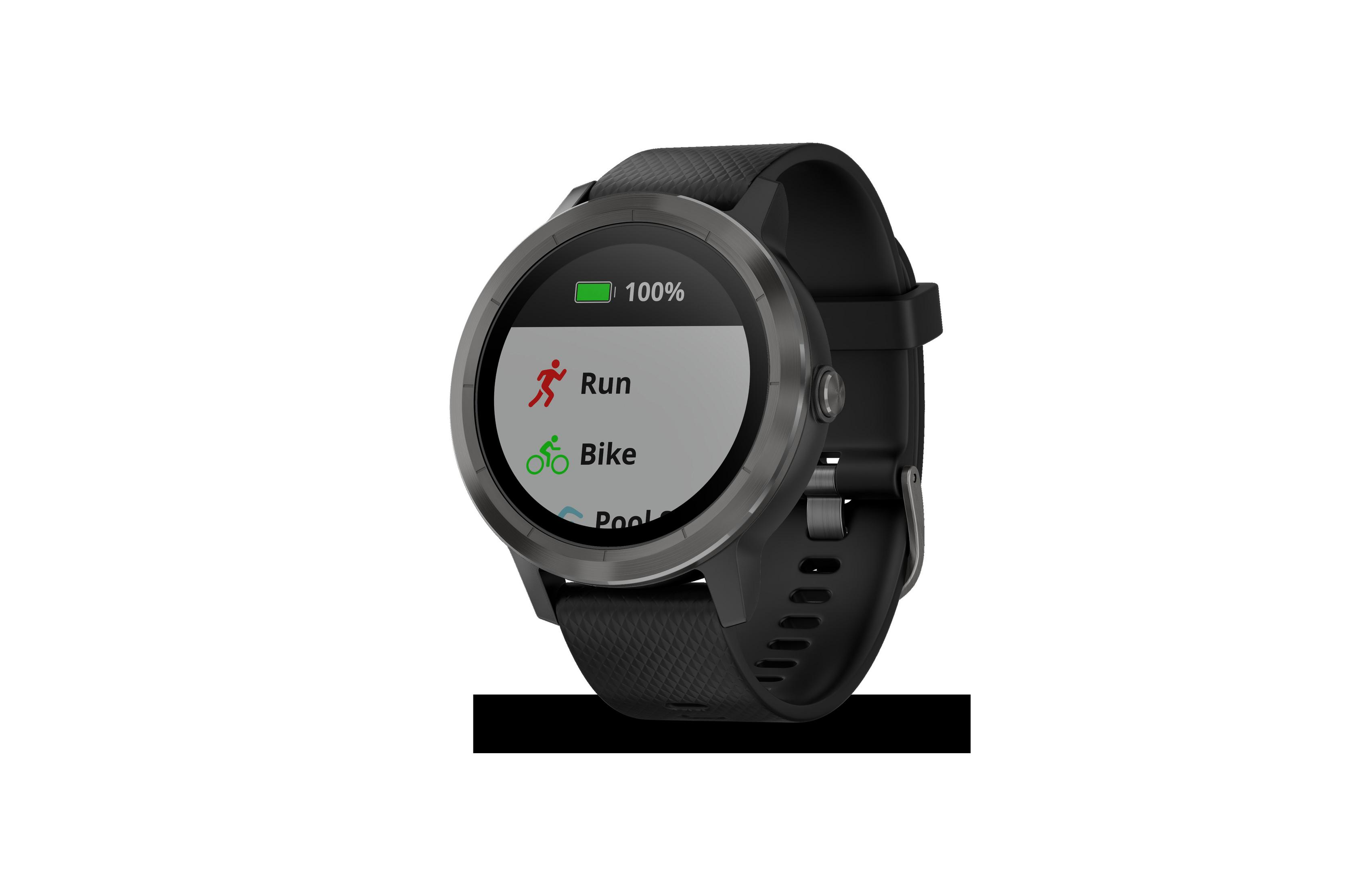 Eine schwarze Garmin Vivoactive 4S Smartwatch, die die Optionen Laufen, Radfahren und Pool anzeigt.