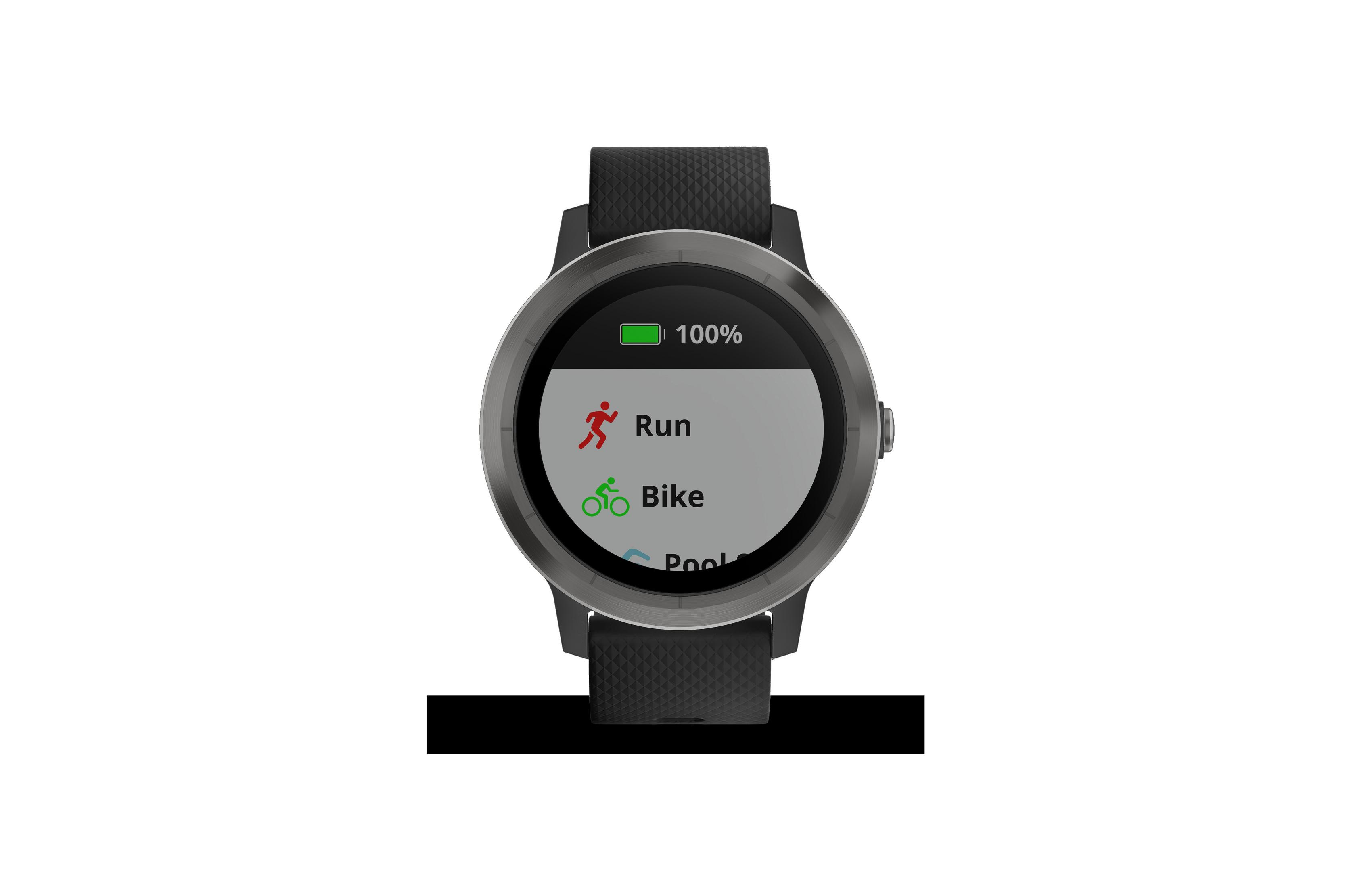 Eine schwarze Garmin Vivoactive 4S Smartwatch, die die Optionen Laufen, Radfahren und Pool anzeigt.