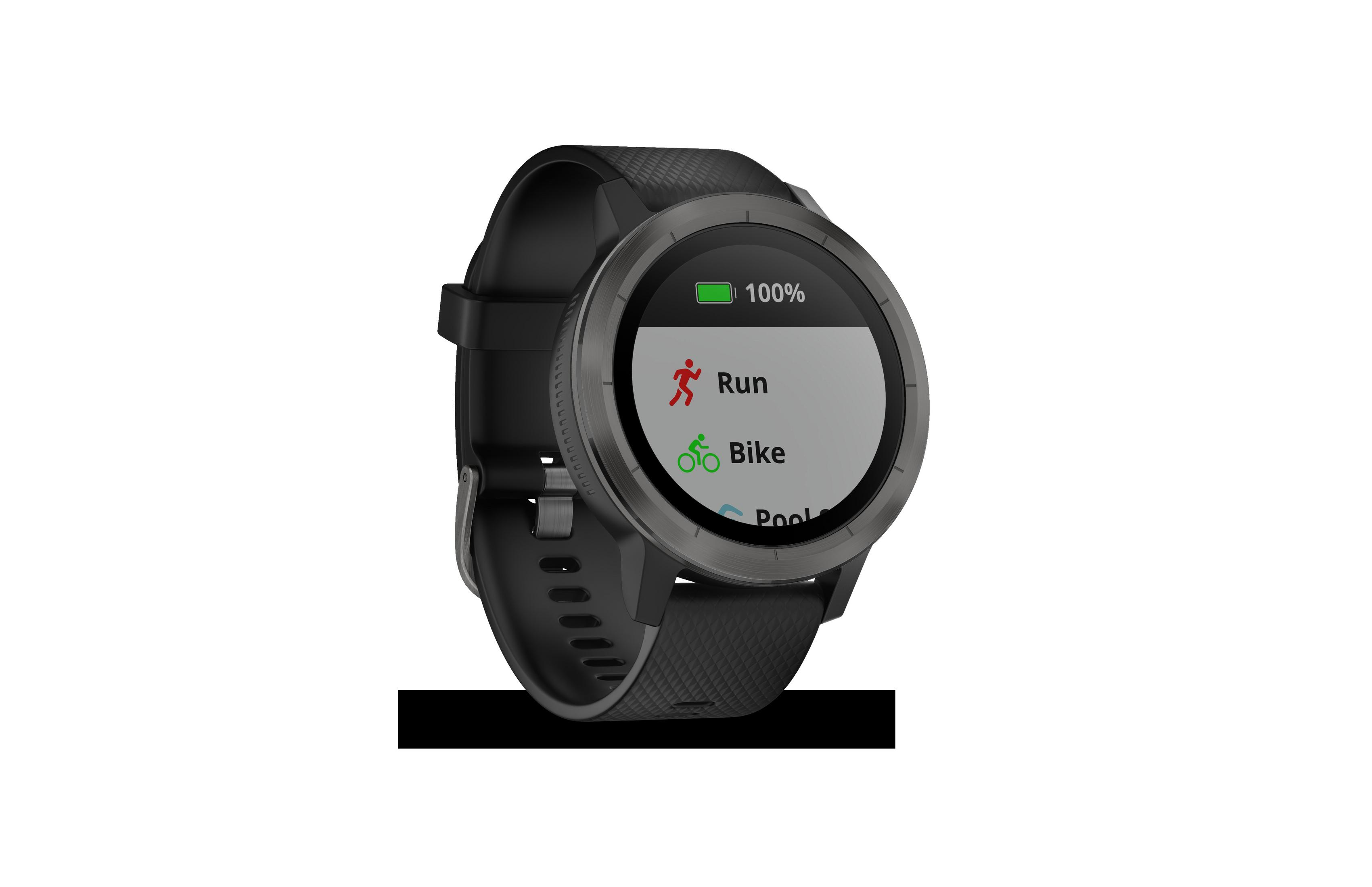 Eine schwarze Garmin Vivoactive 4S Smartwatch, die die Optionen Laufen, Radfahren und Pool anzeigt.
