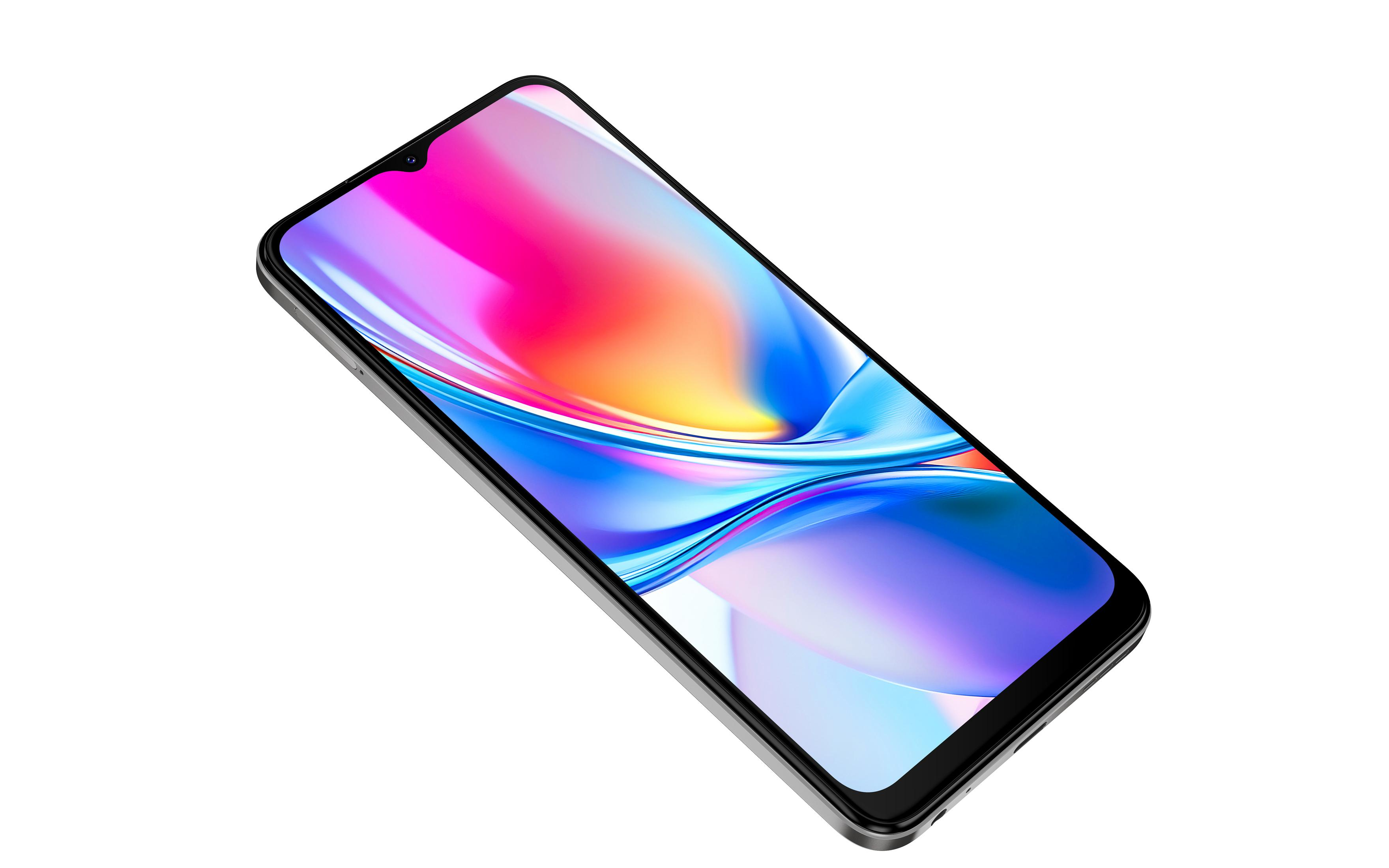 Smartfon wyświetla kolorowy, abstrakcyjny wzór na ekranie, na tle jaskrawobiałego tła.