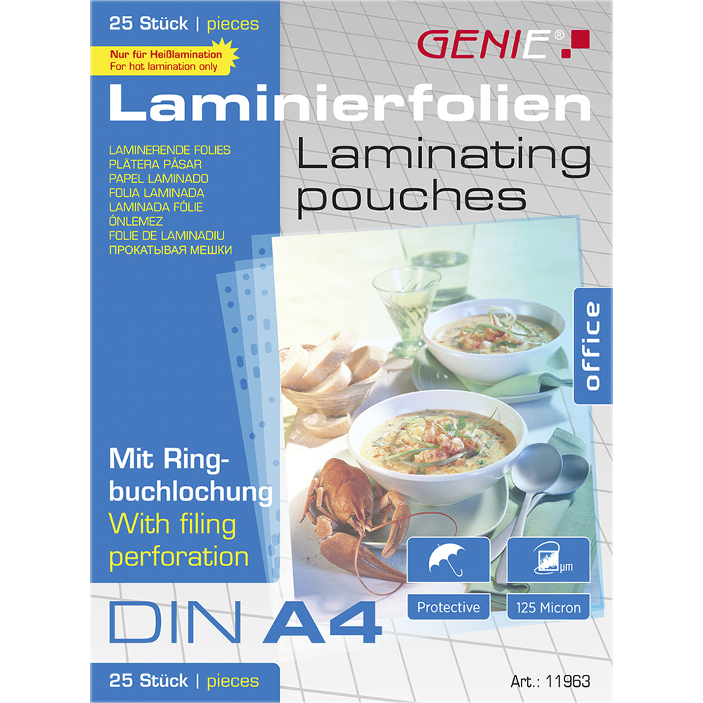 Verpackung für Genie Laminierfolien mit Bildern von Hummersuppe und Brot.
