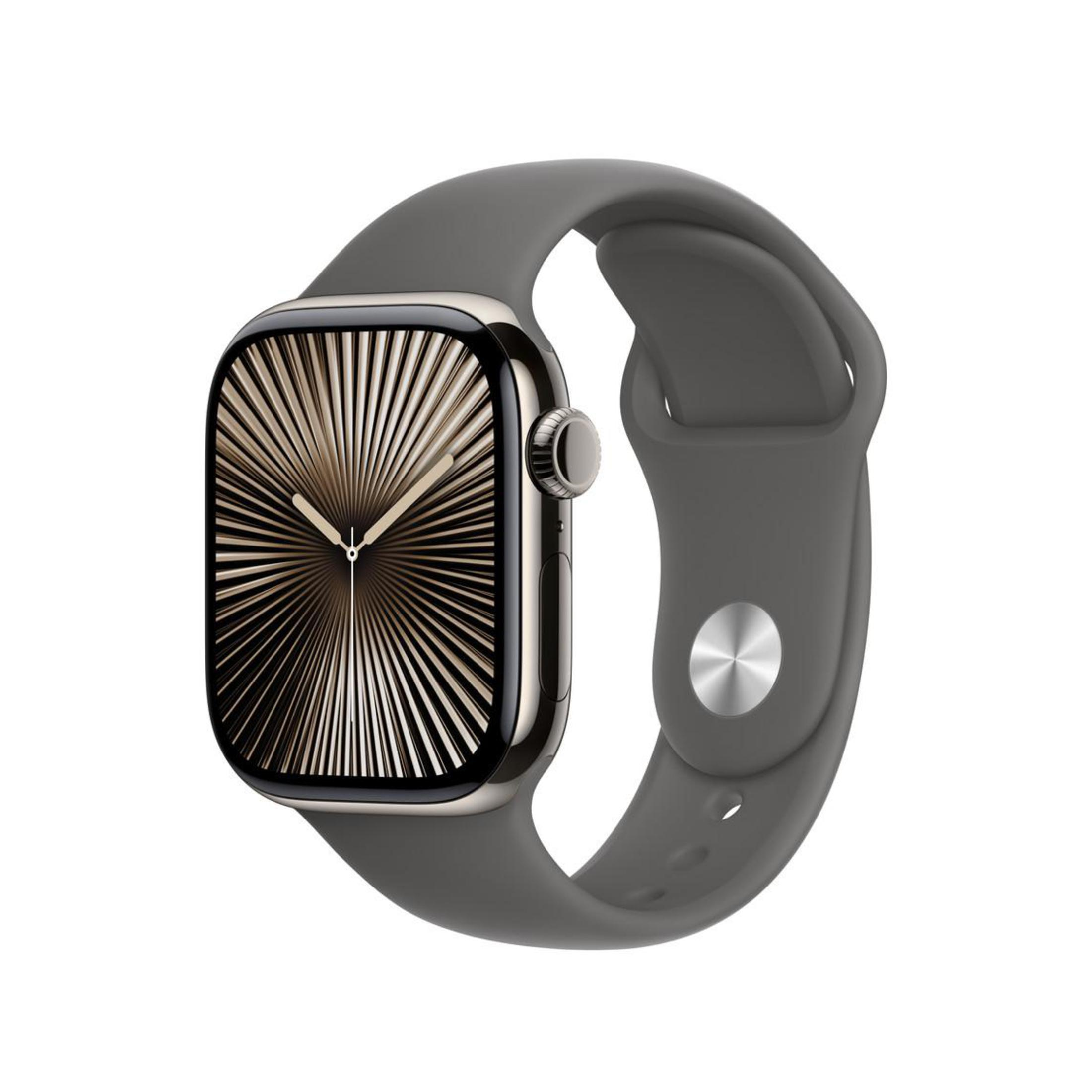 Apple Watch z ciemną tarczą i szarym paskiem, izolowany na białym tle.