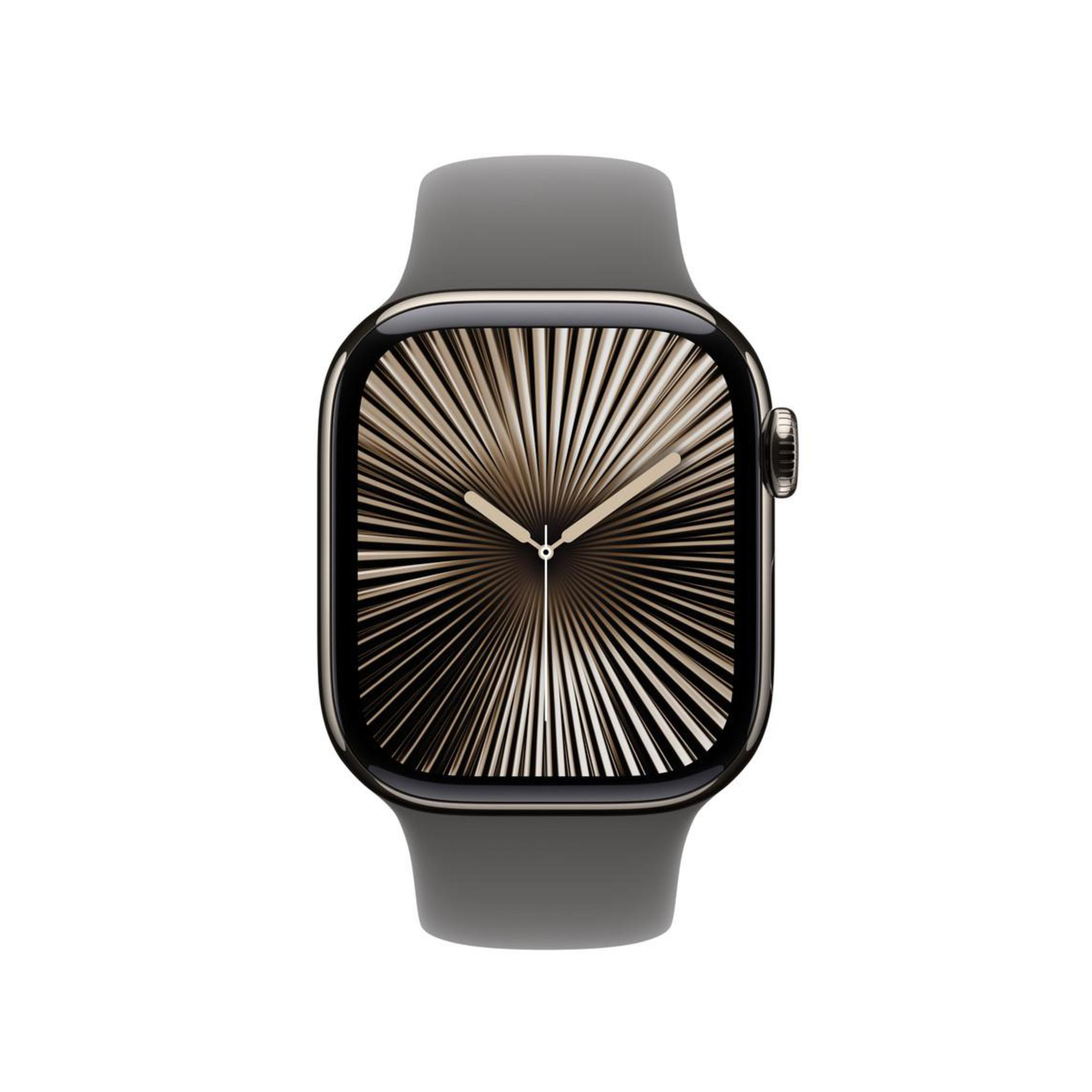 Apple Watch z ciemną tarczą i szarym paskiem, wyśrodkowany na białym tle.