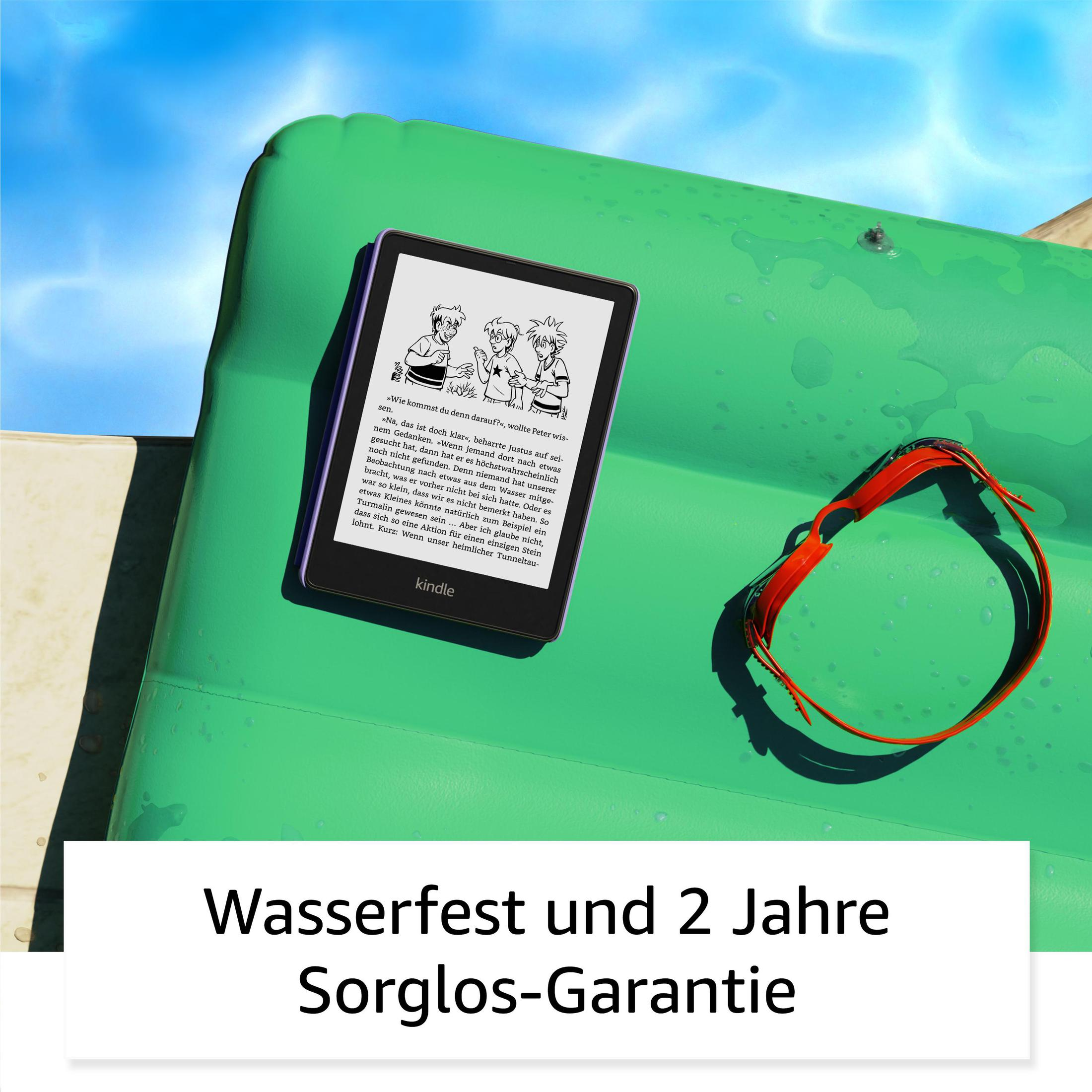 Un Kindle viola si trova su un gonfiabile verde con occhiali rossi nelle vicinanze.