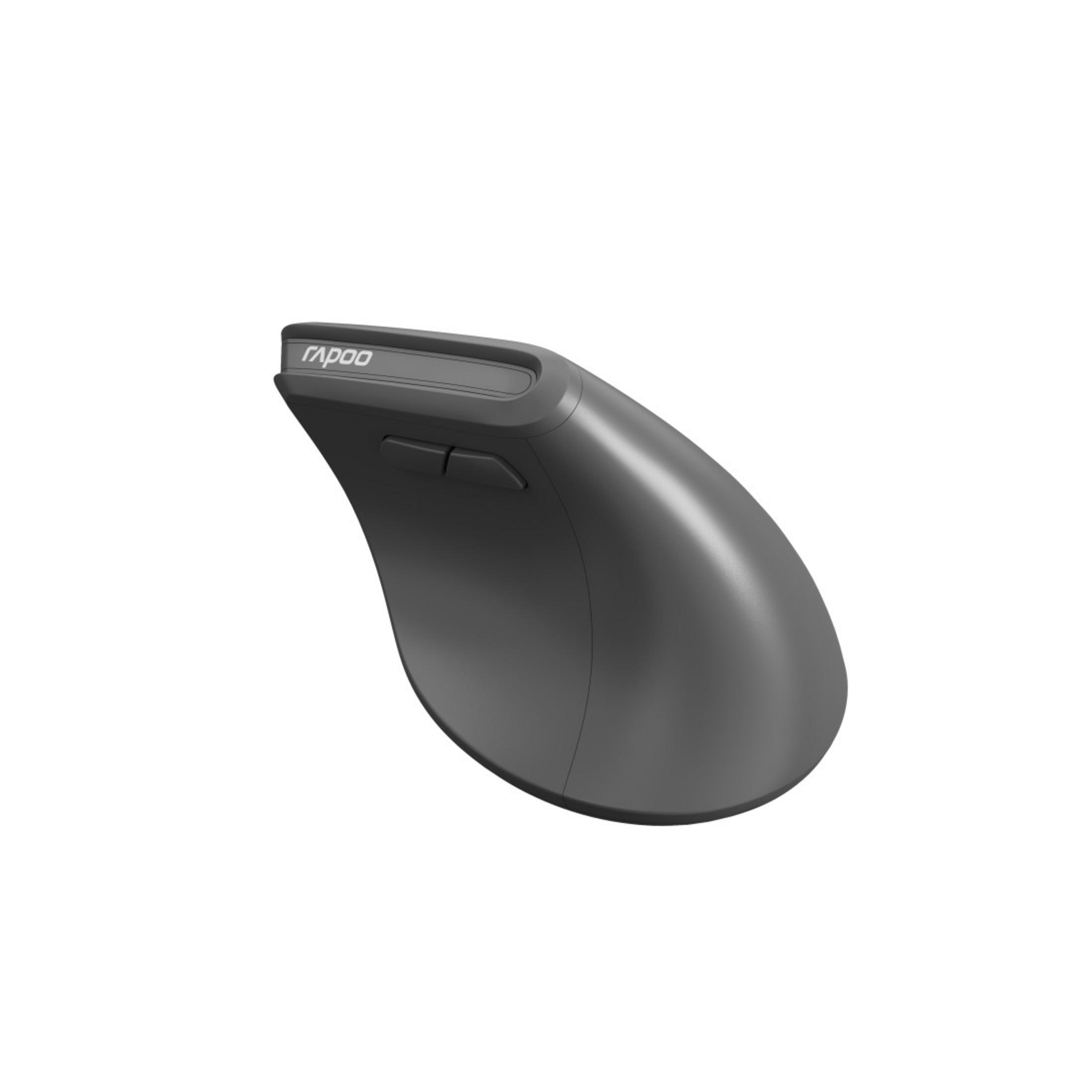 Szara ergonomiczna mysz komputerowa jest wyświetlana na białym tle, ustawiona pod kątem w lewo.