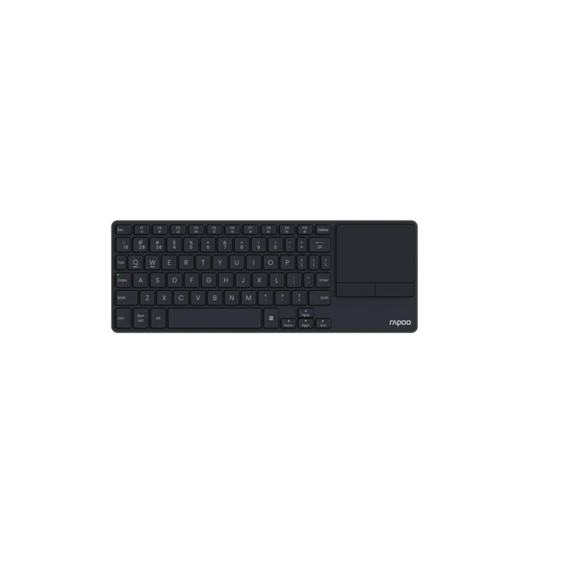 Tastiera wireless nera con touchpad. I tasti sono etichettati e il marchio Rapoo è visibile.