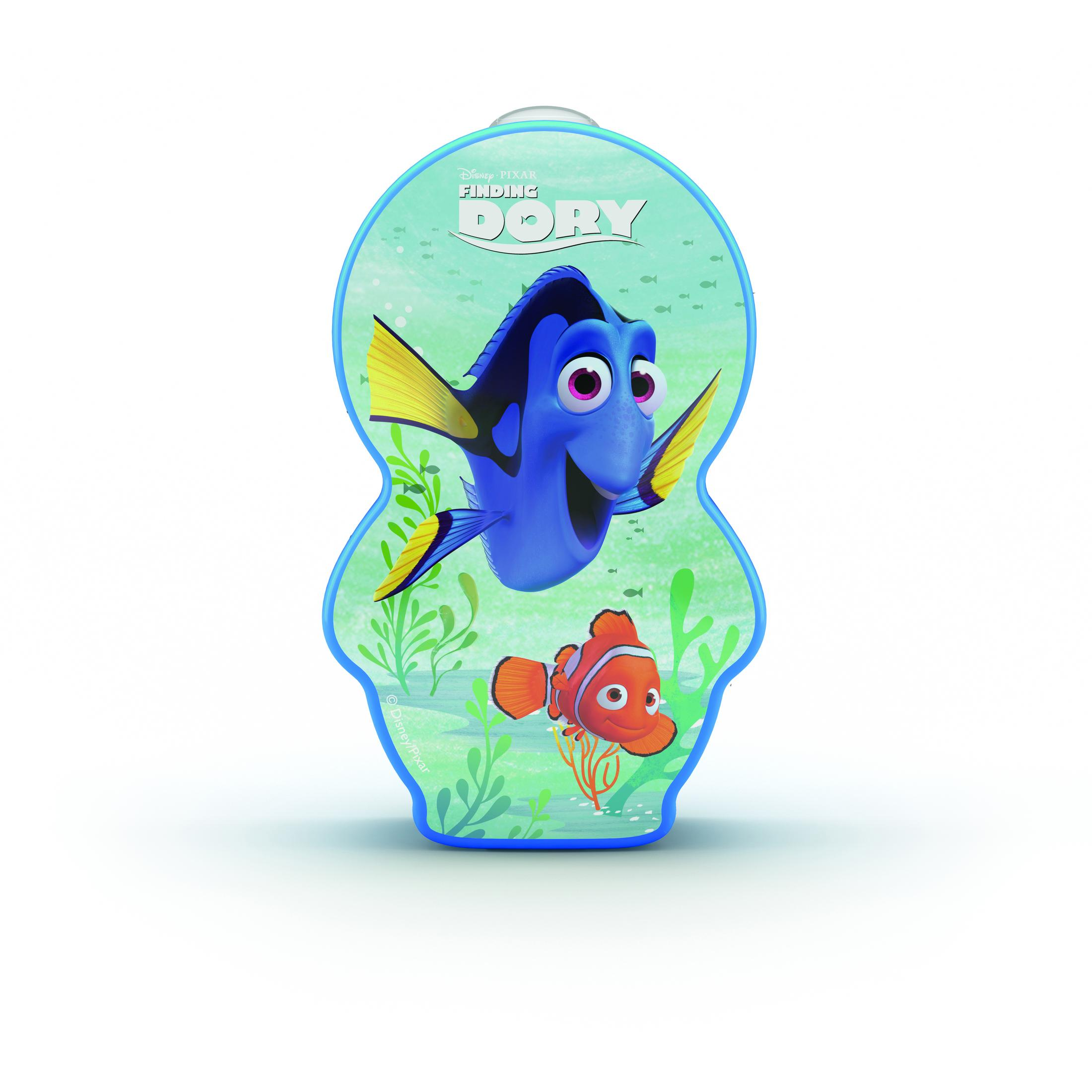 Ein blaues Nachtlicht im Dory-Design mit Dory- und Nemo-Figuren, das auf einer weißen Oberfläche steht.