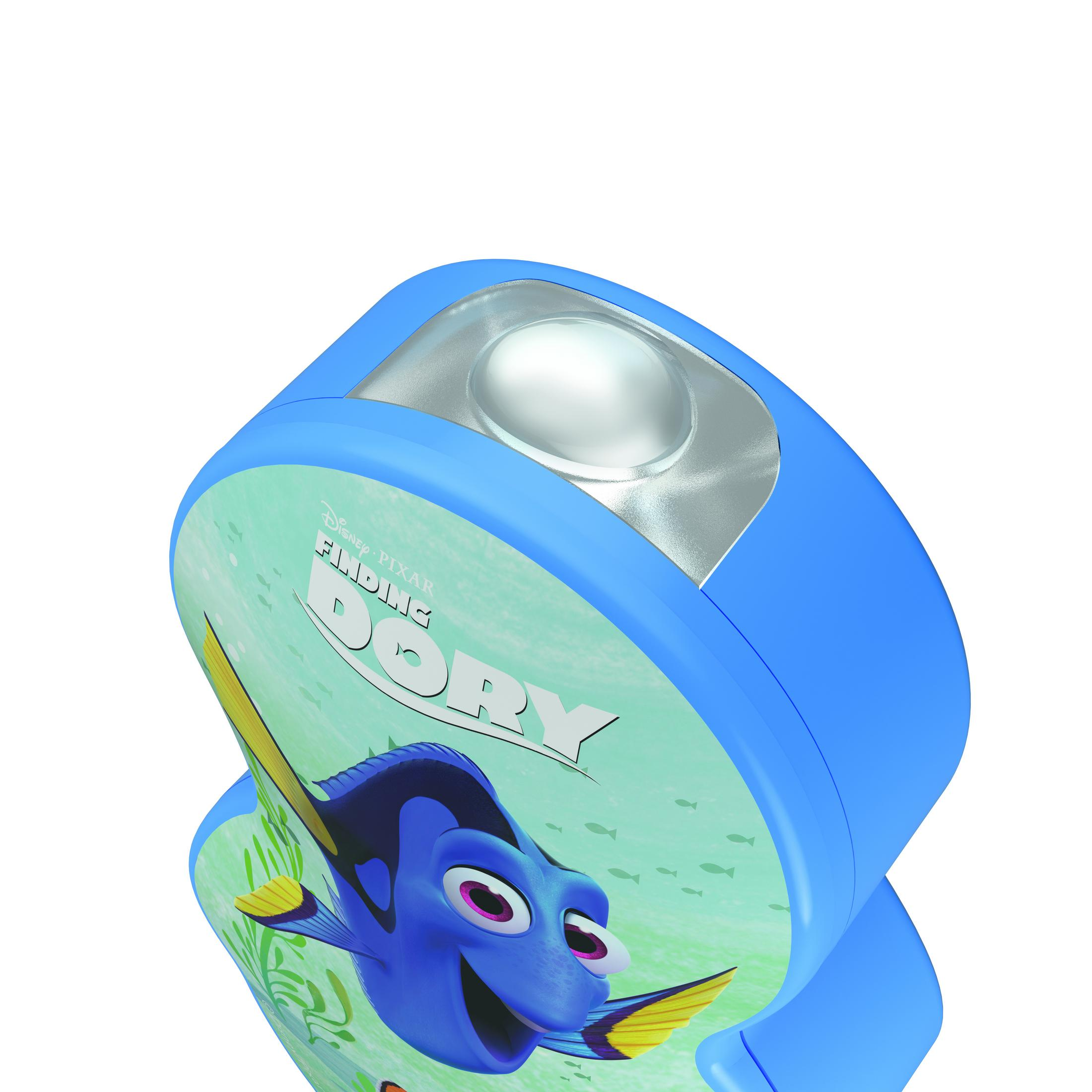 Nahaufnahme eines blauen Dory-Nachtlichts, das das Licht oben und die Charaktere an der Seite zeigt.