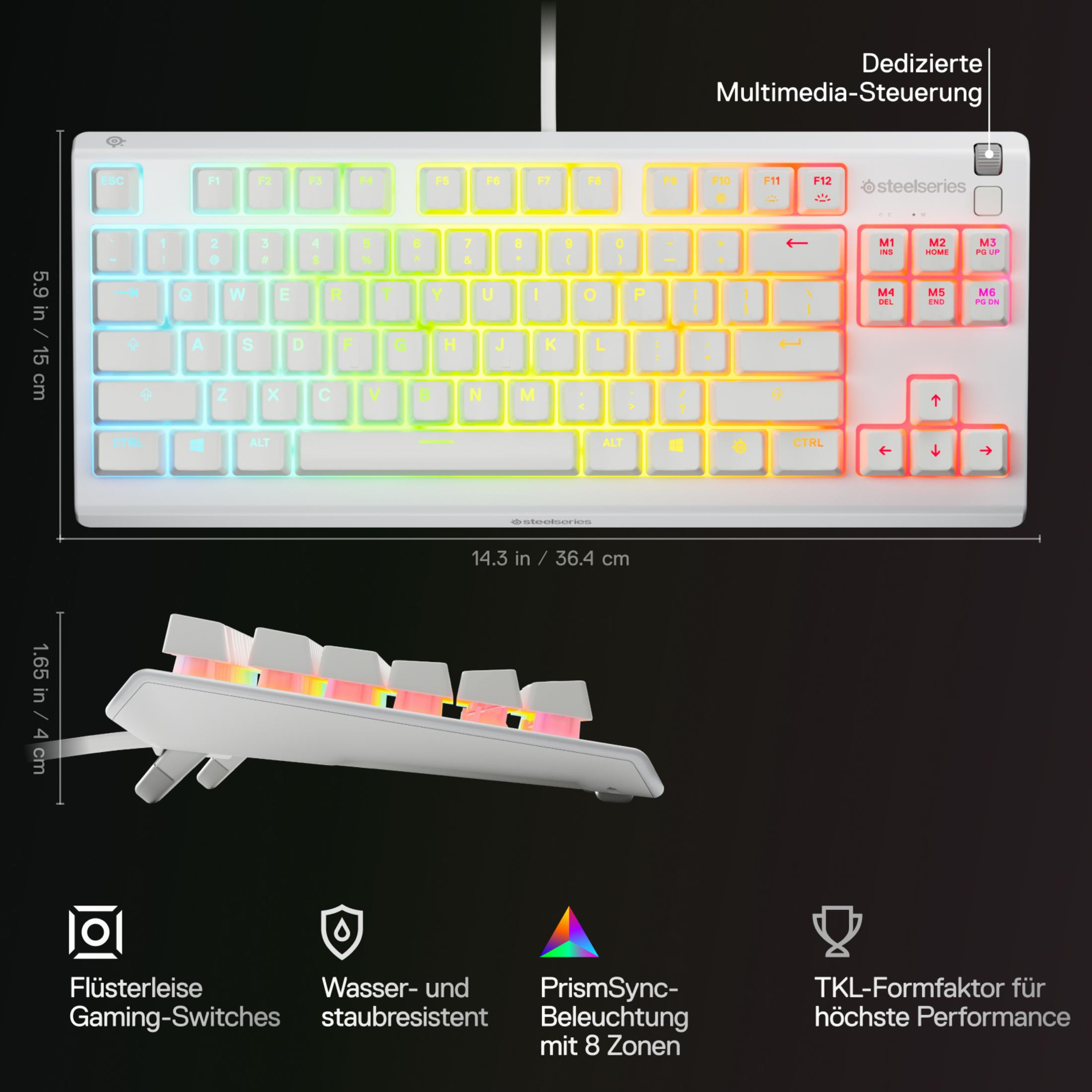 Una tastiera bianca SteelSeries è mostrata con dimensioni e caratteristiche in tedesco, su uno sfondo bianco.