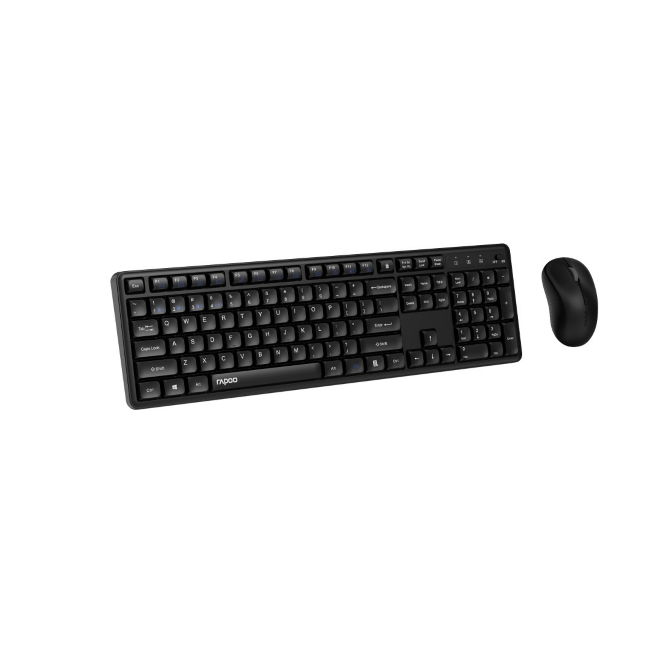 Un set di tastiera e mouse wireless neri è visualizzato su uno sfondo bianco, angolato dall'alto.