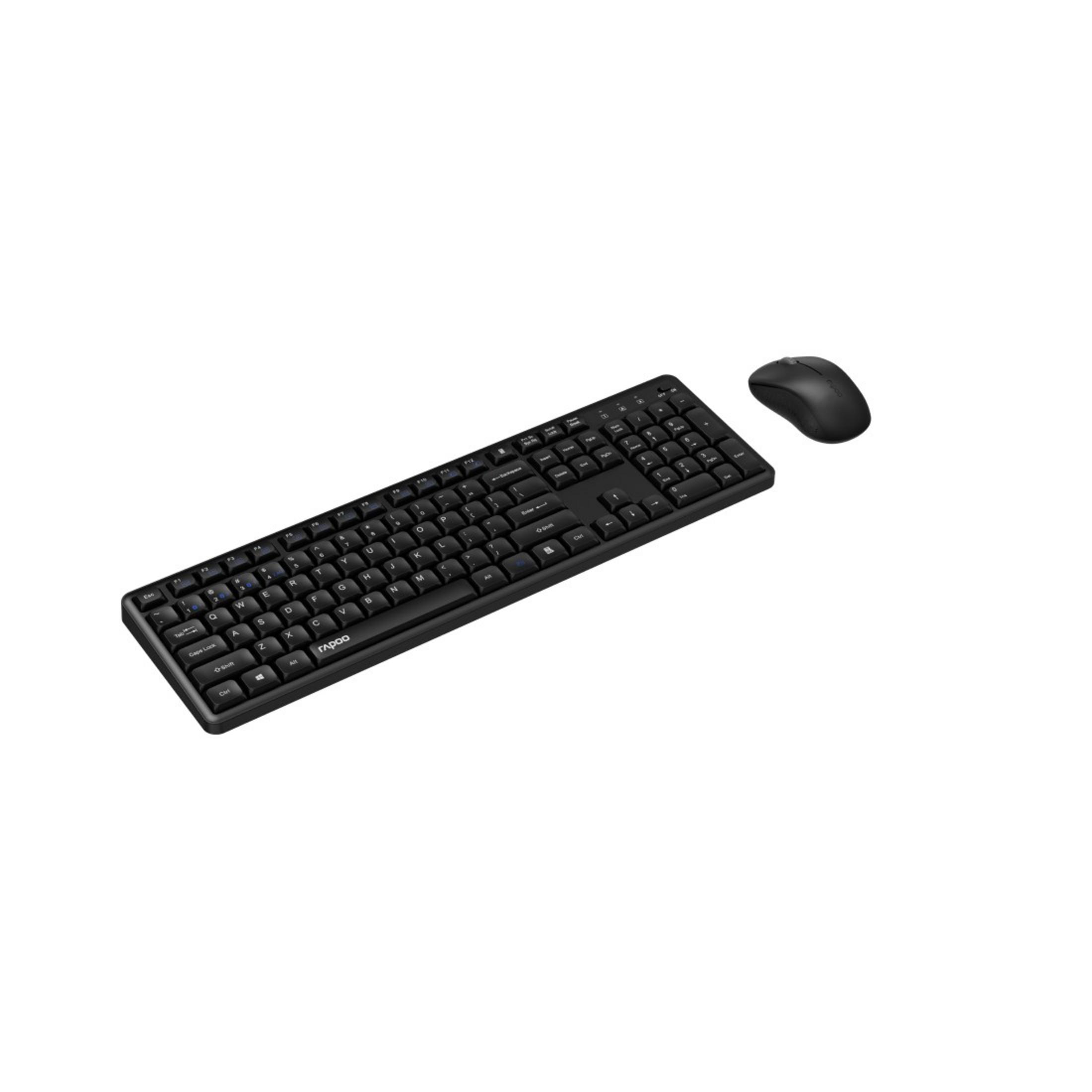 Su uno sfondo bianco è visualizzato un set di tastiera e mouse wireless neri.