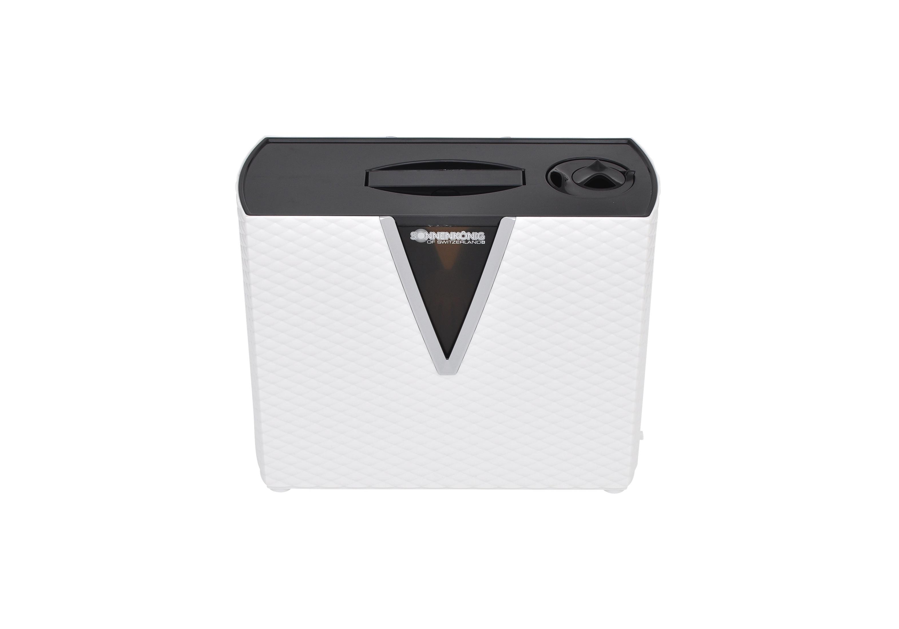 Un purificateur d'air blanc avec un dessus noir et une touche argentée est centré sur un fond blanc.