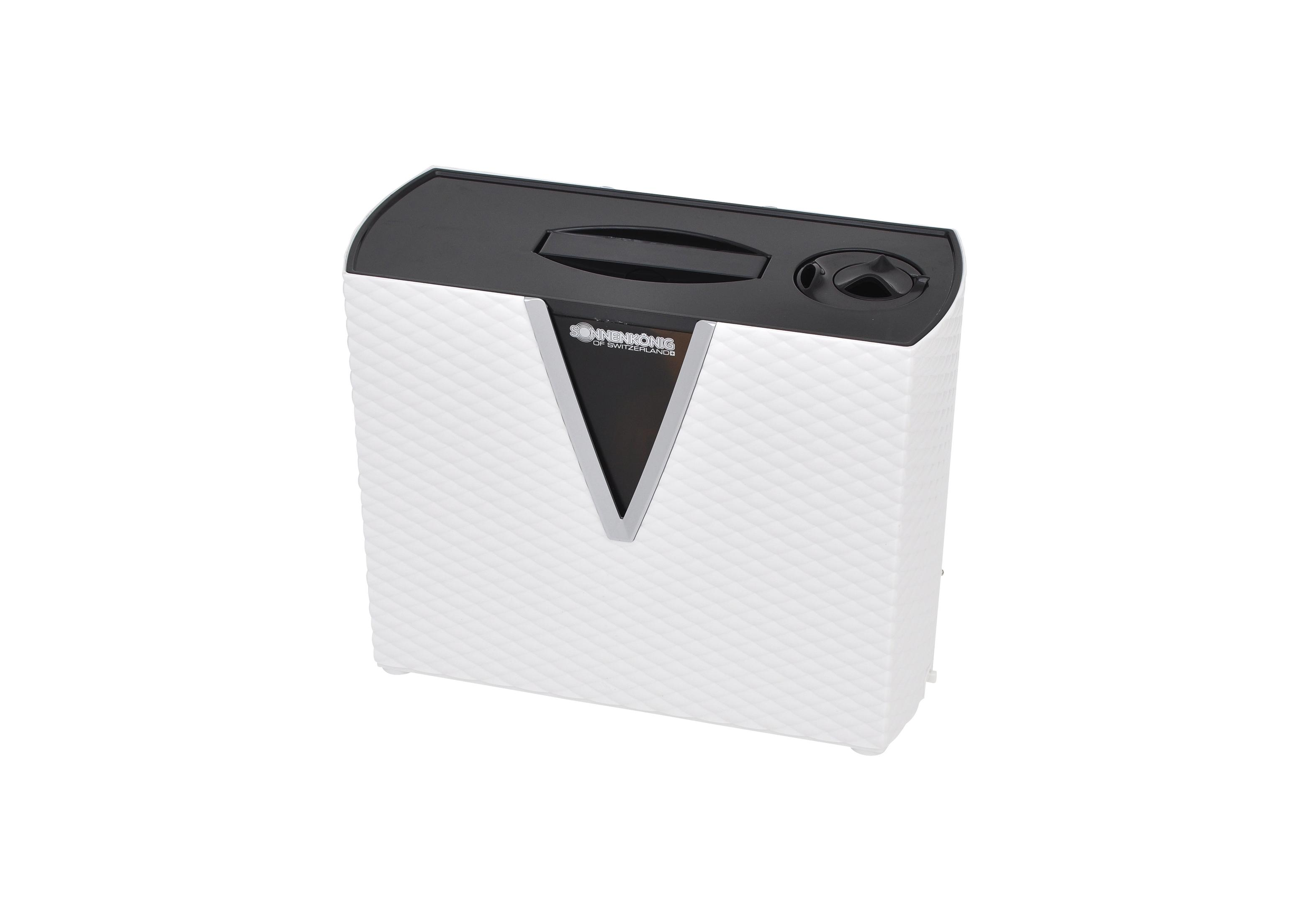 Un purificateur d'air blanc avec un dessus noir et une touche argentée sur un fond blanc.