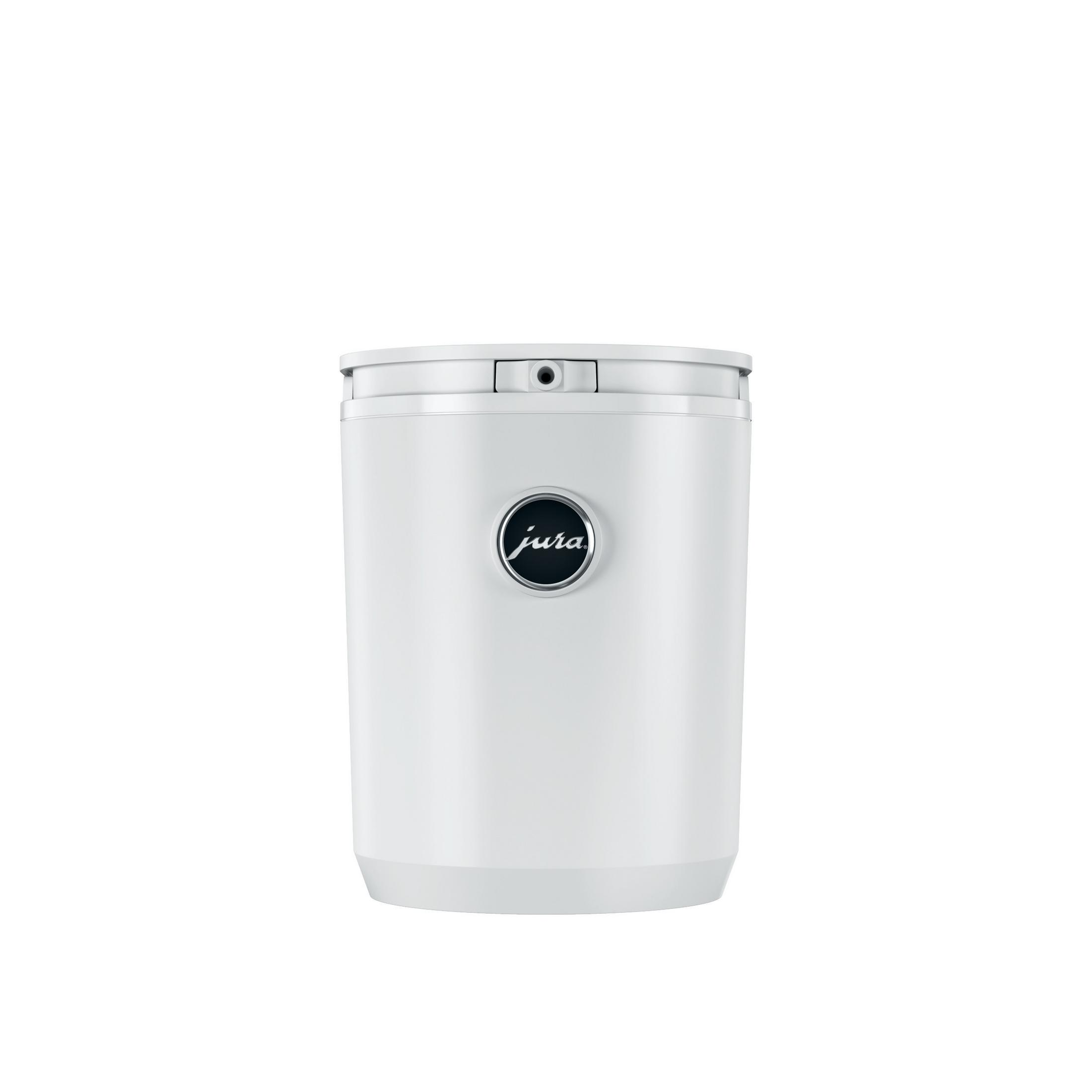 Un contenitore per il latte Jura bianco con un logo nero su uno sfondo bianco.