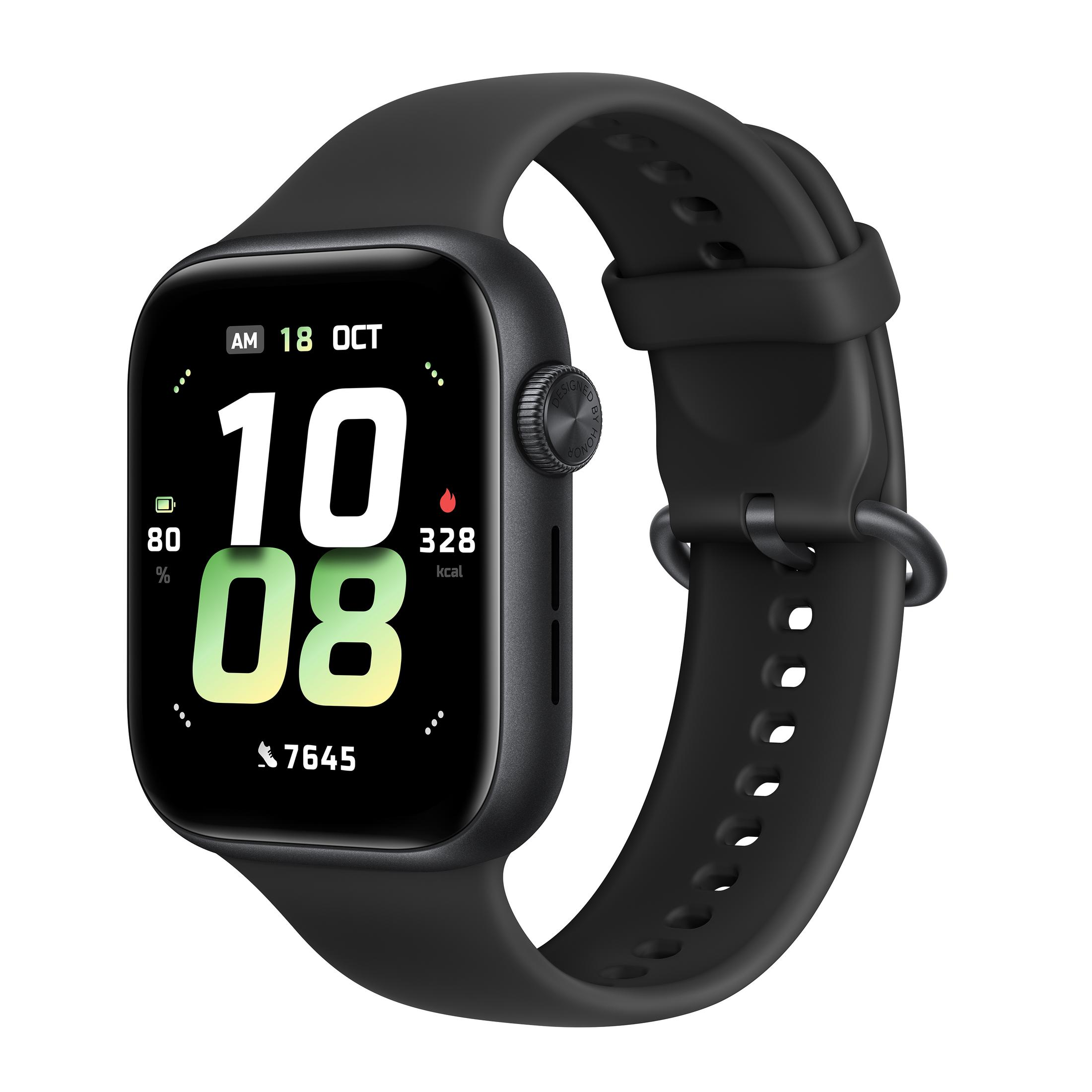 Czarny smartwatch z czarnym paskiem wyświetla godzinę 10:08, datę 18 października, baterię naładowaną w 80% i 328 spalonych kcal.