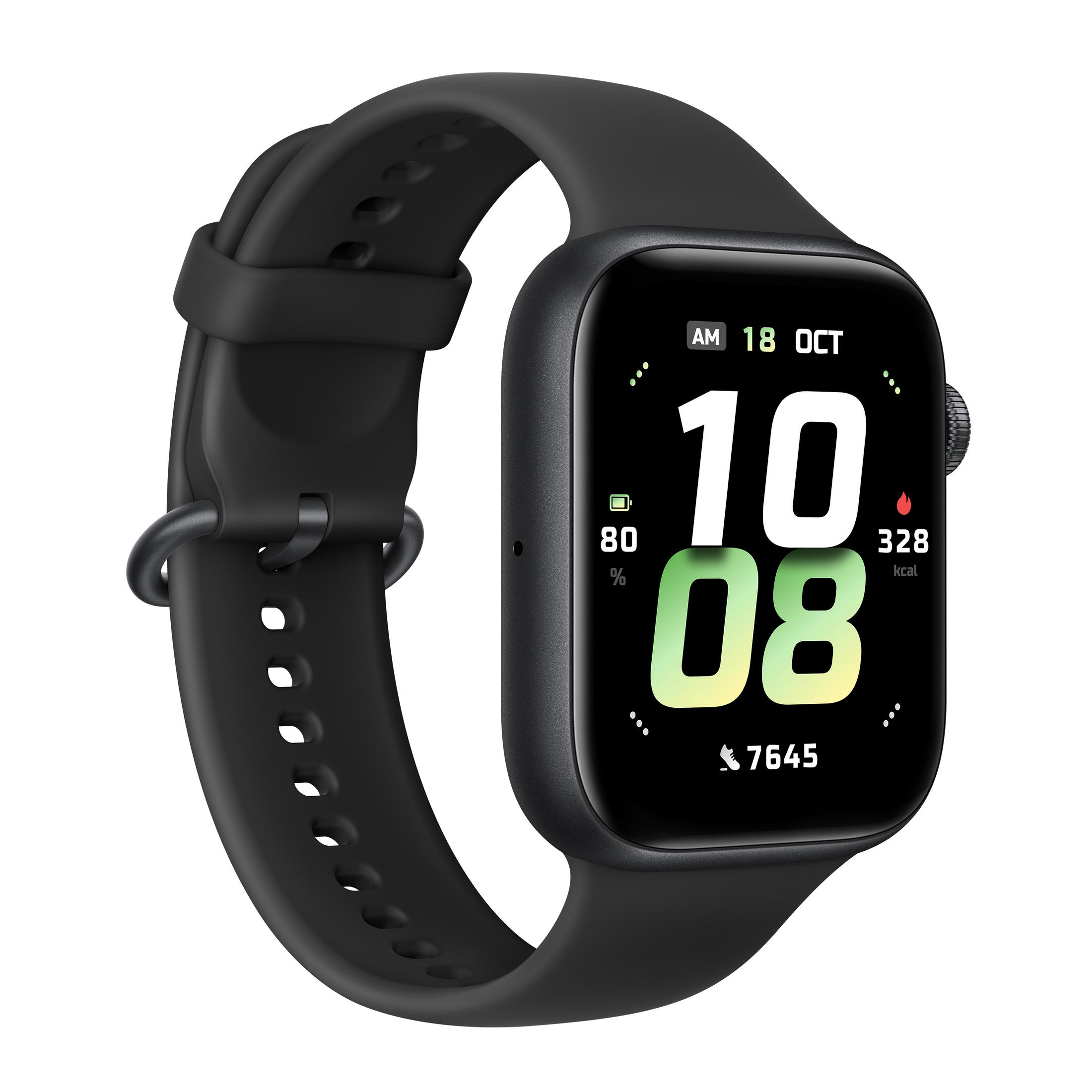 Czarny smartwatch z czarnym paskiem wyświetla godzinę 10:08, datę 18 października, baterię naładowaną w 80% i 328 spalonych kcal.