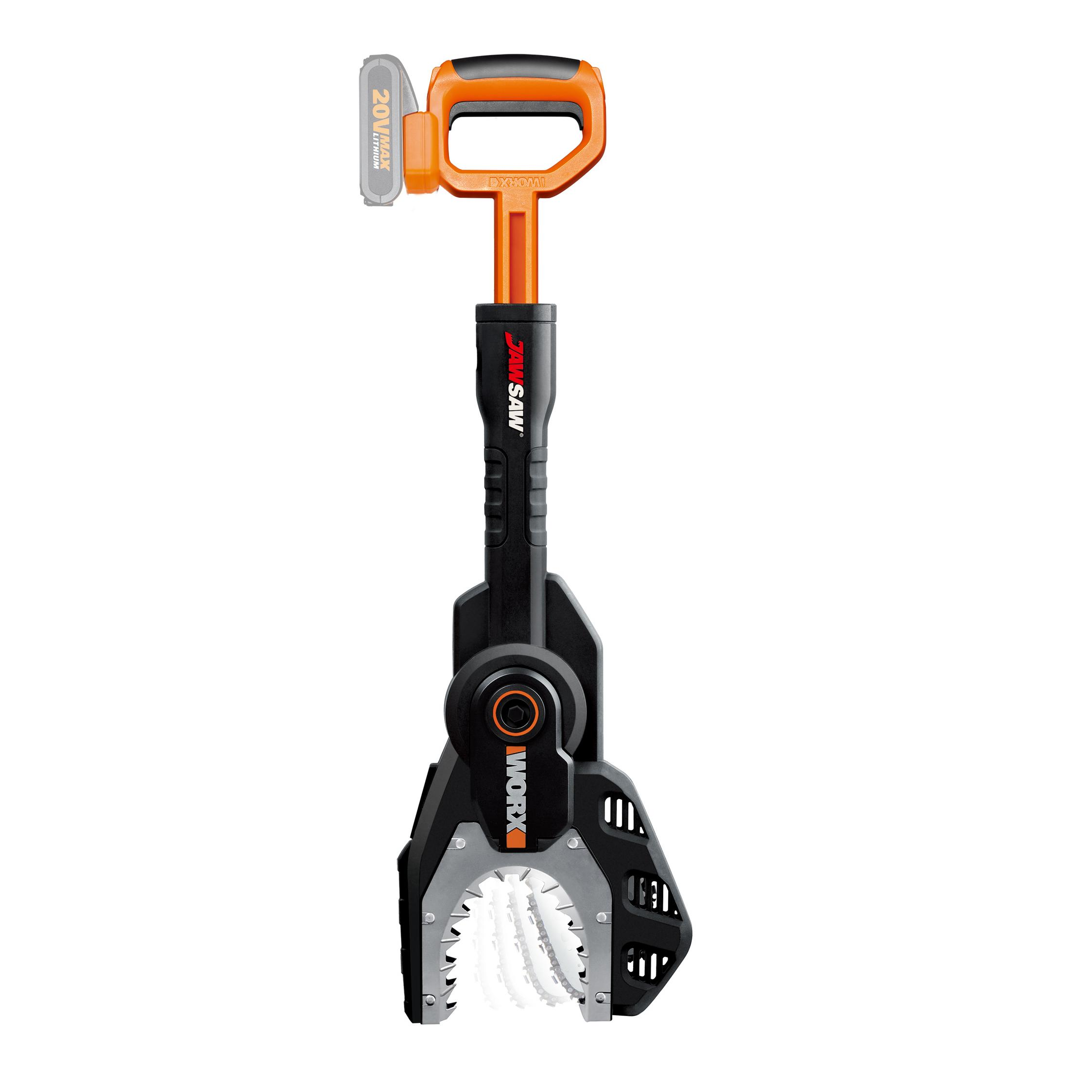 Die WORX JawSaw mit einem orangefarbenen Griff und schwarzem Sägekopf, vor einem weißen Hintergrund.