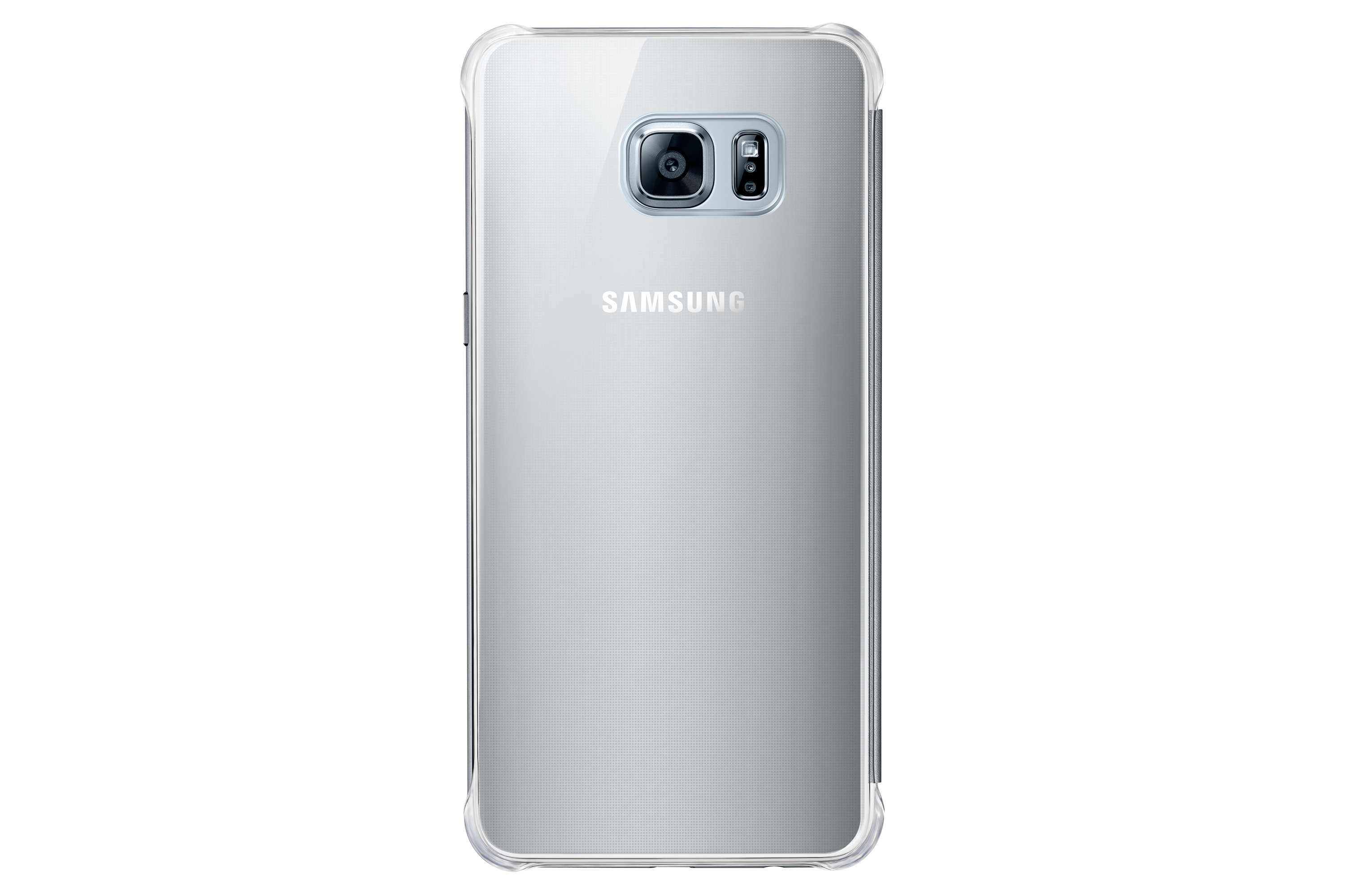 Custodia trasparente per telefono Samsung. Il retro del telefono è visibile e presenta il logo Samsung.
