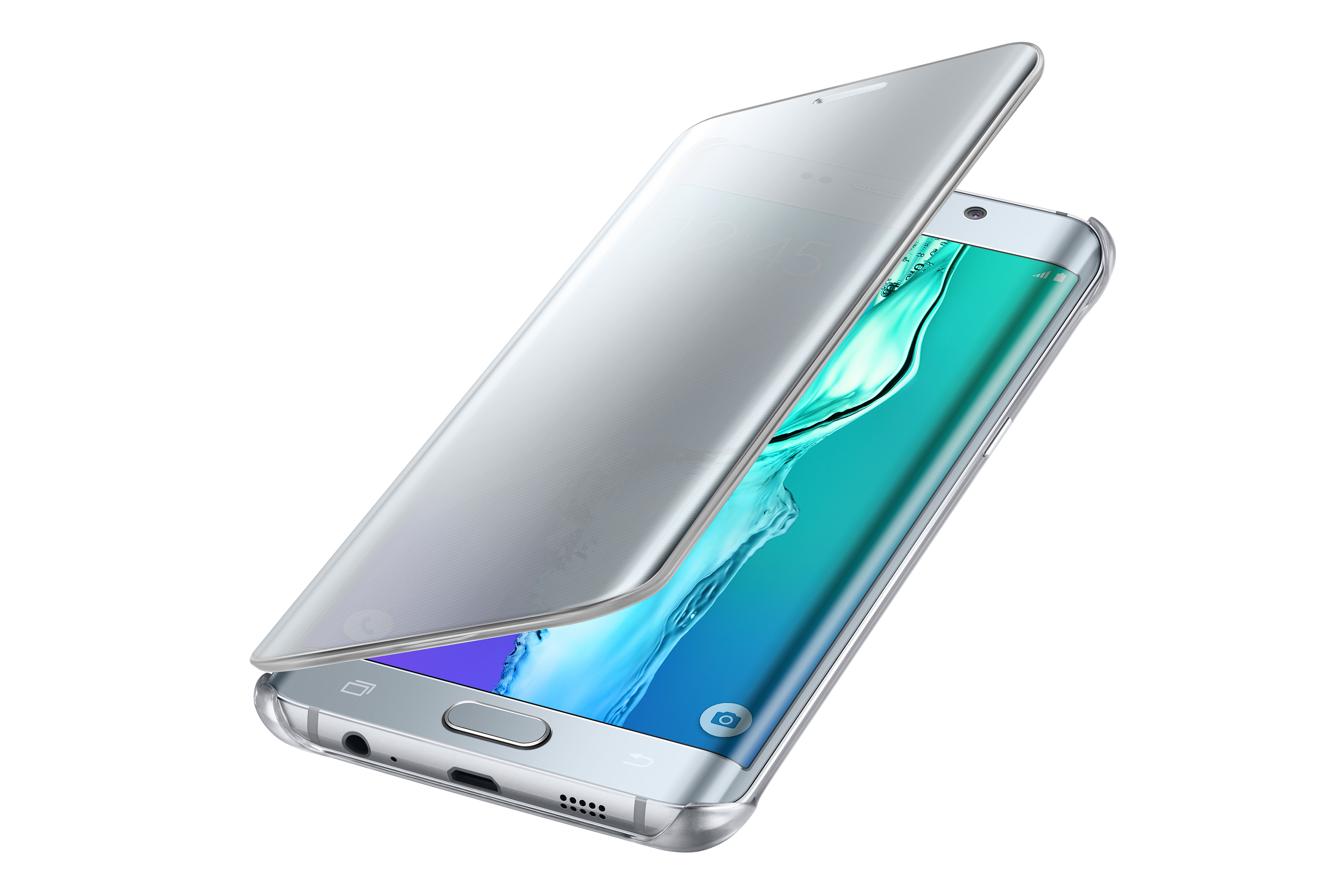Telefono Samsung argentato in una custodia protettiva trasparente. Lo schermo visualizza un'interfaccia blu e verde.