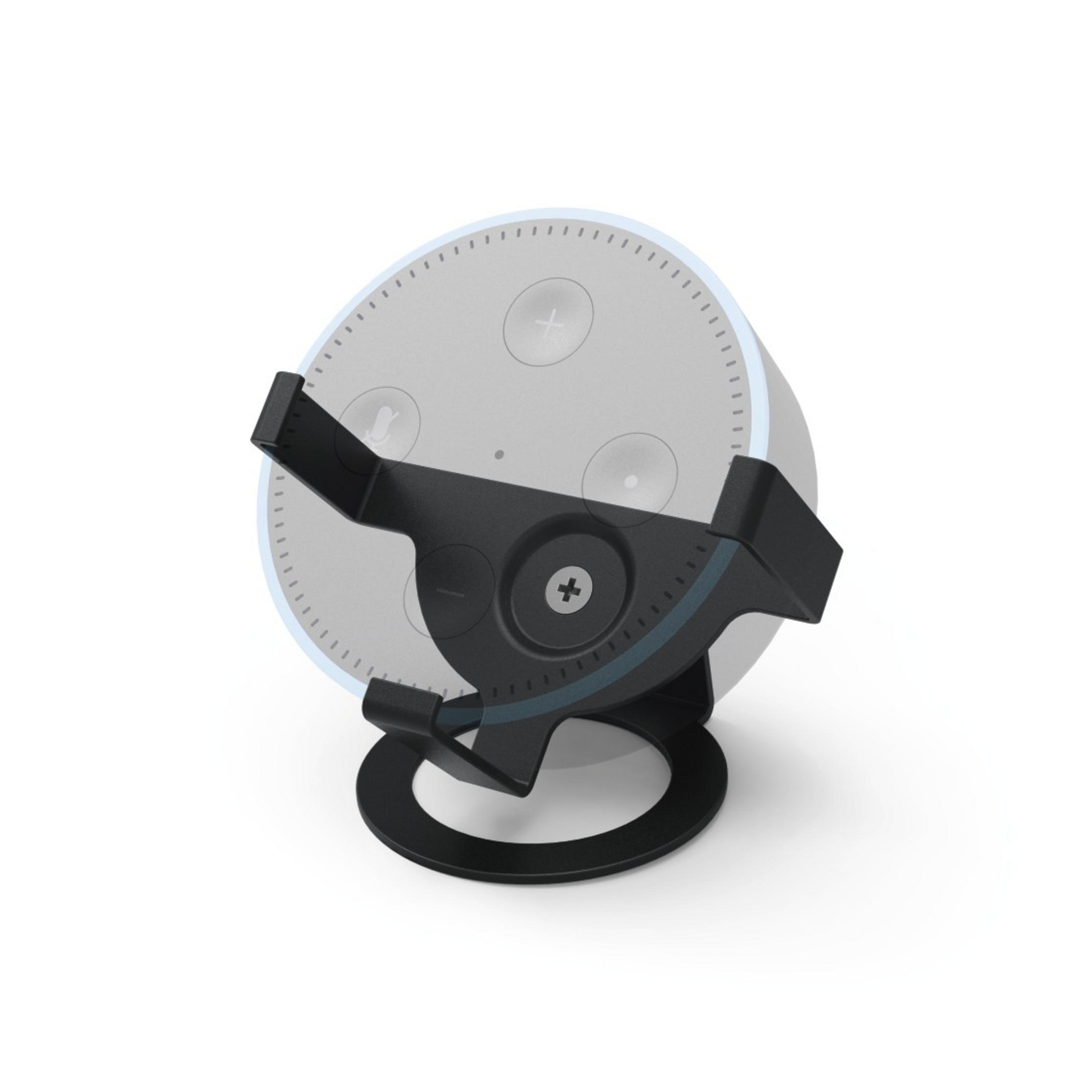 Un Amazon Echo Dot bianco di terza generazione è montato su un supporto nero, mostrato su uno sfondo bianco.
