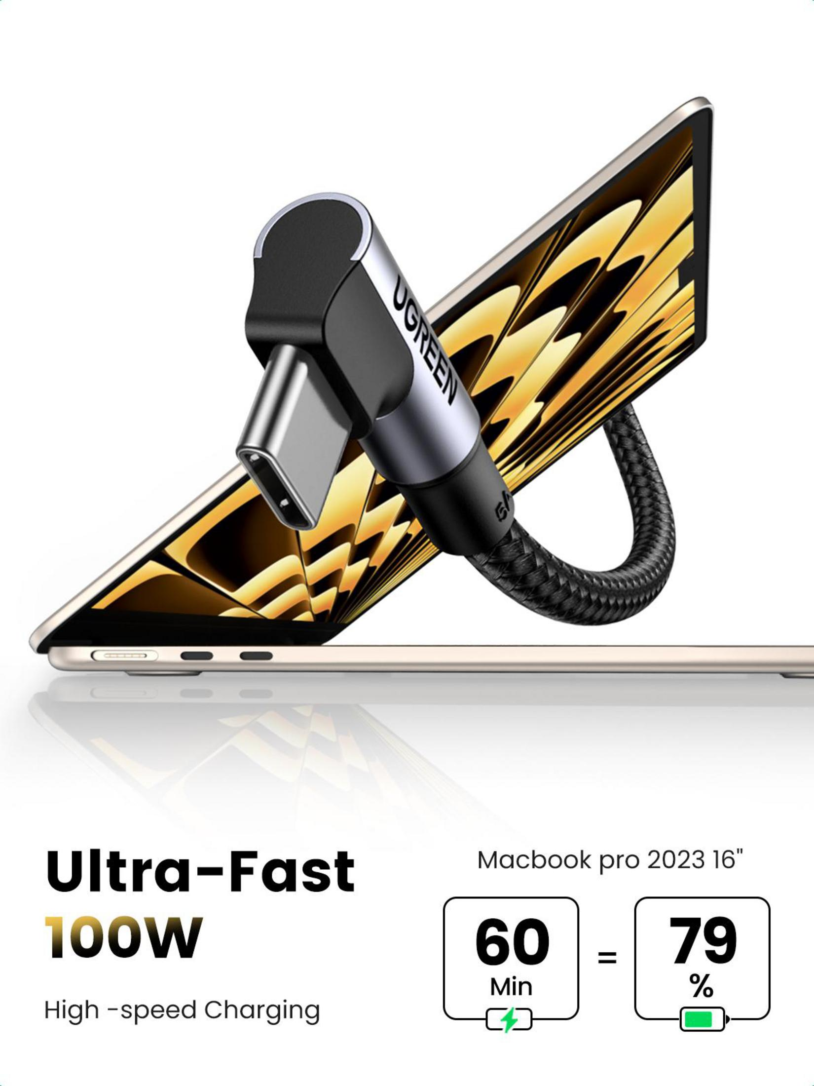 Kabel USB-C jest podłączony do laptopa MacBook Pro 16".