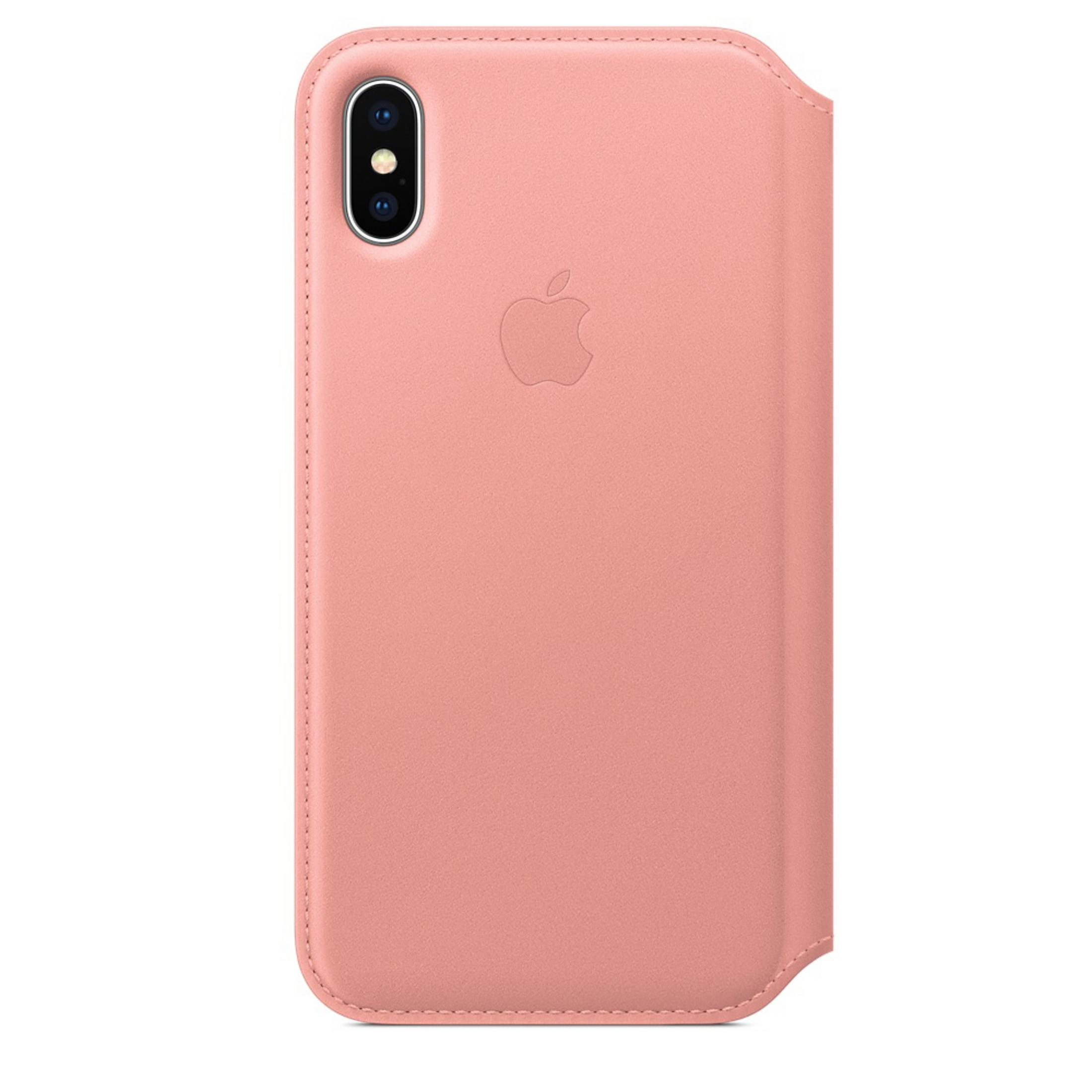 Een roze leren iPhone-hoesje met het Apple-logo op de achterkant.