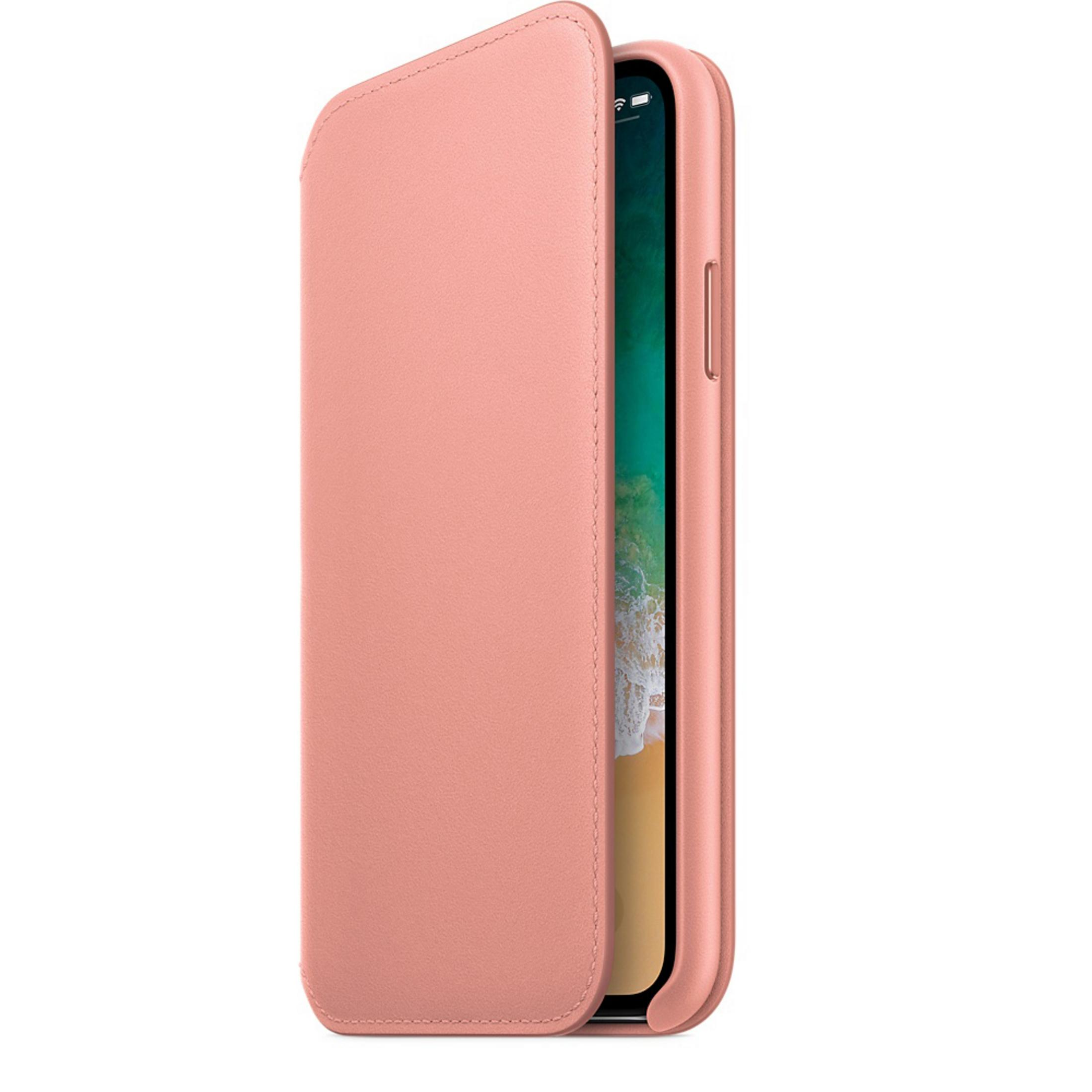 Een roze leren iPhone-hoesje, gedeeltelijk open, dat de rand van het telefoonscherm laat zien.
