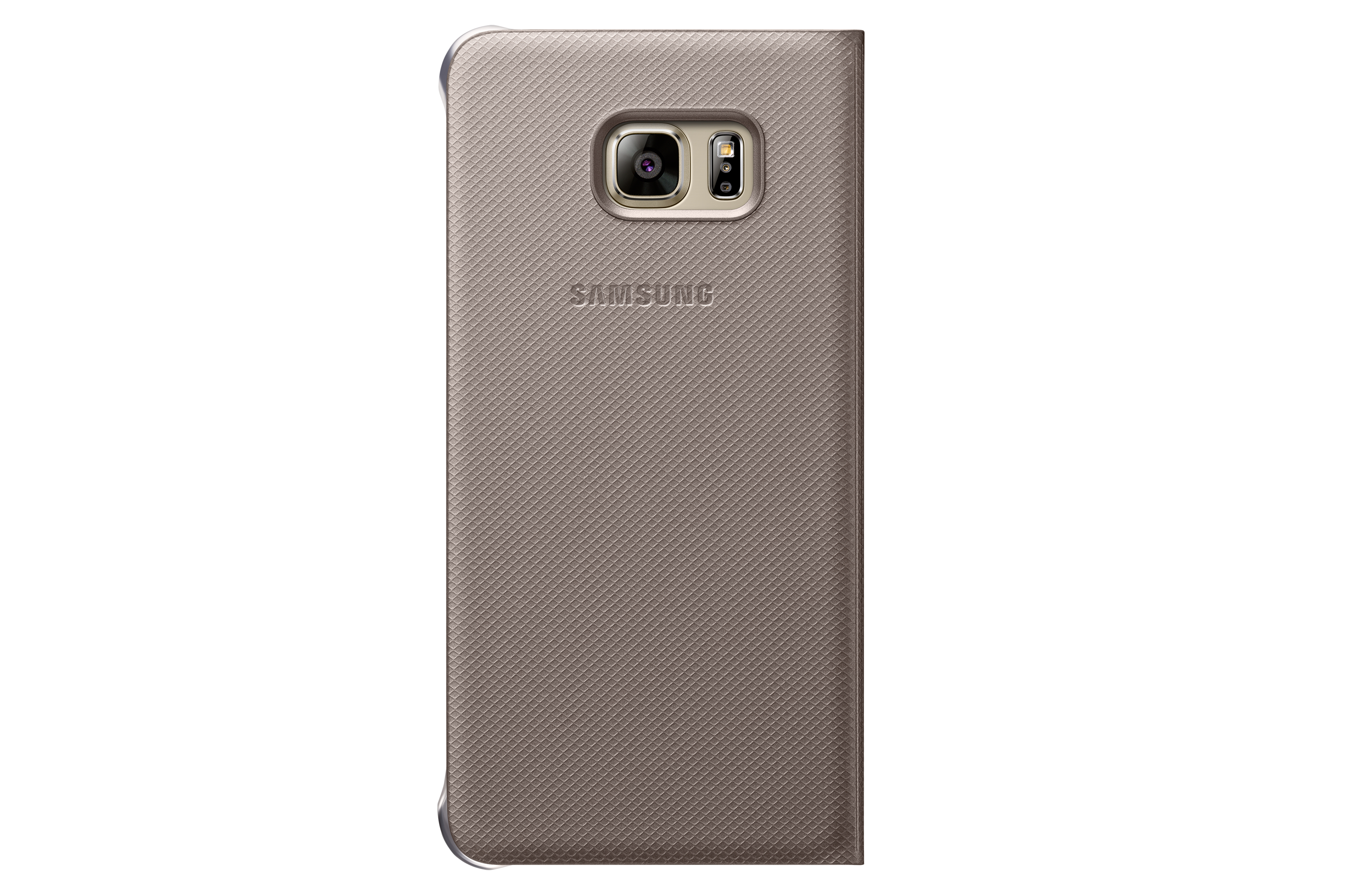 Una custodia per telefono Samsung marrone chiaro con una superficie ruvida è visualizzata su uno sfondo bianco.