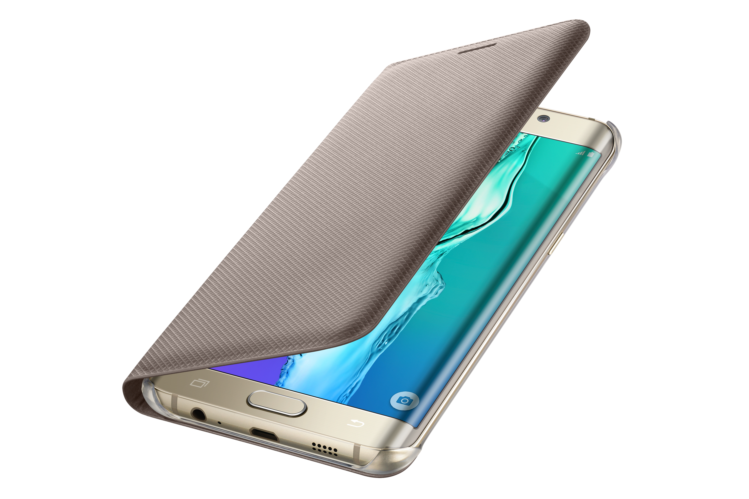 Una custodia per telefono marrone chiaro parzialmente aperta con una superficie ruvida è visualizzata su uno sfondo bianco.