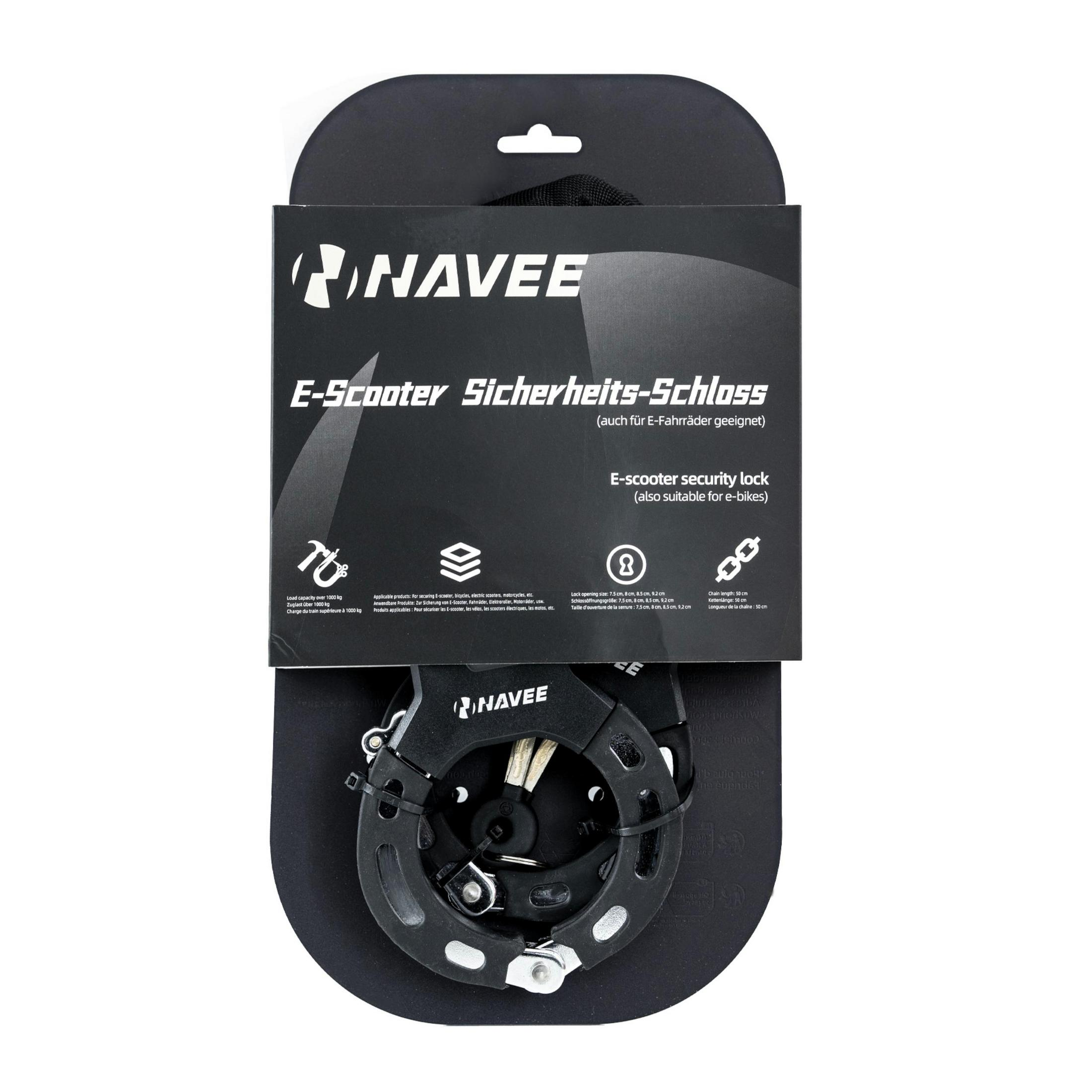 NAVEE E-Scooter Sicherheitsschloss in schwarzer Verpackung vor weißem Hintergrund.