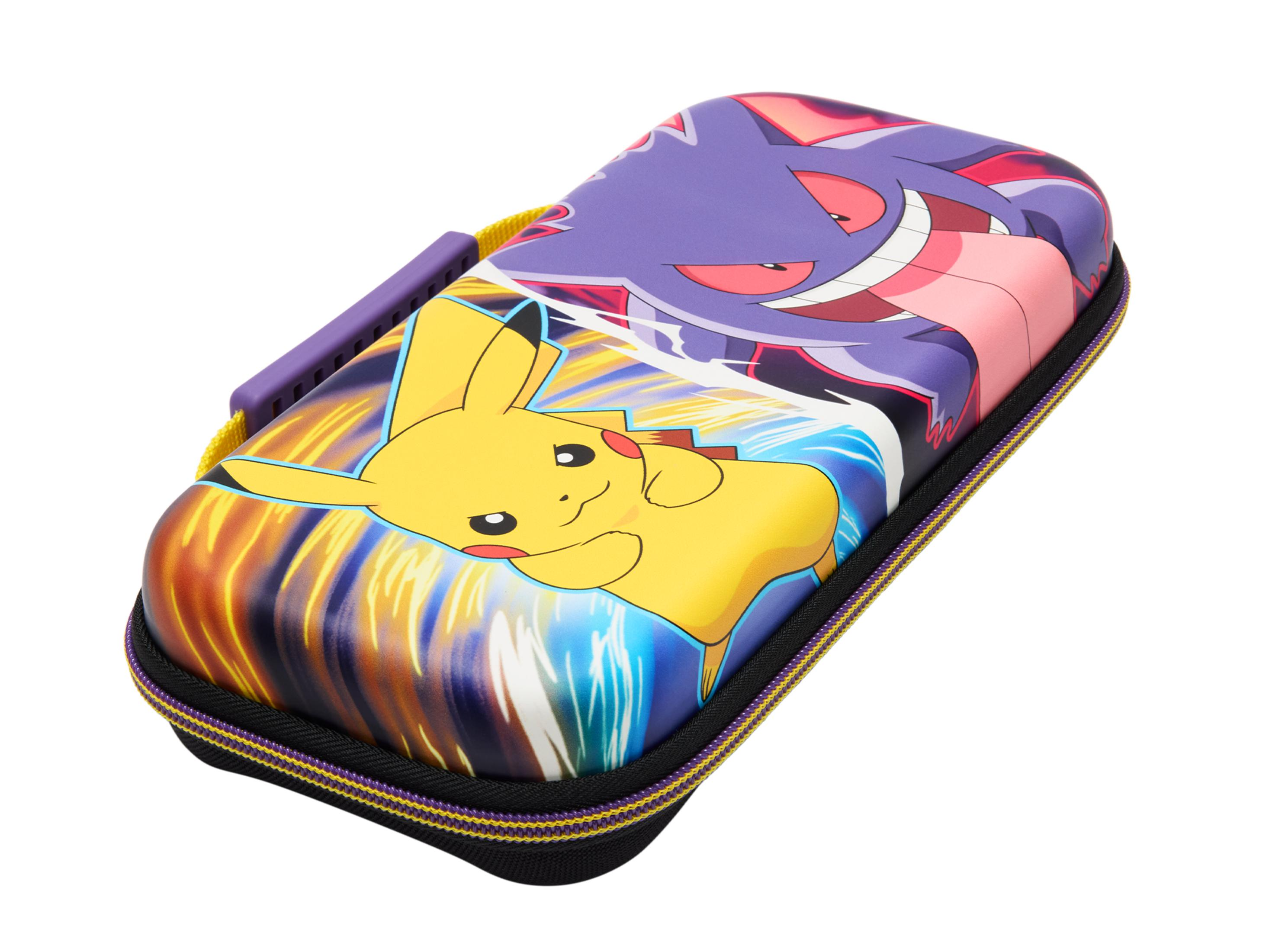 Custodia Nintendo Switch con Pikachu e Gengar. Ha una cerniera e una maniglia viola.