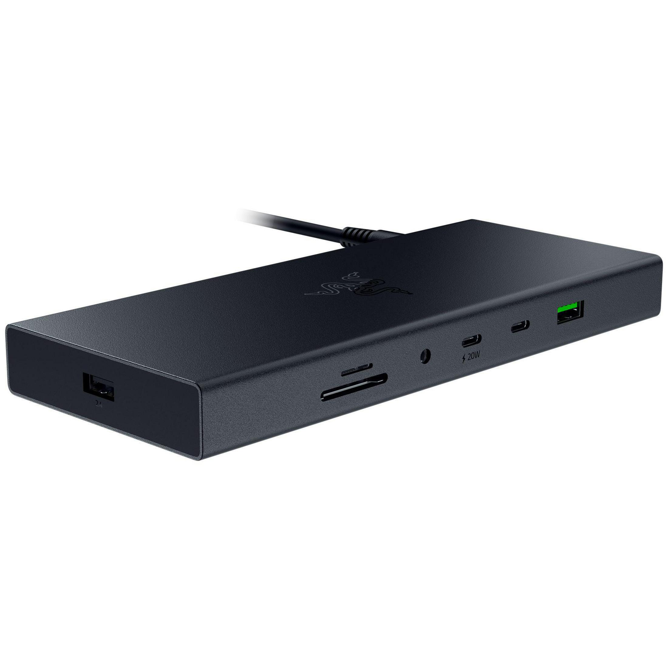 Eine schwarze Razer-Dockingstation mit mehreren Anschlüssen, darunter USB und HDMI.