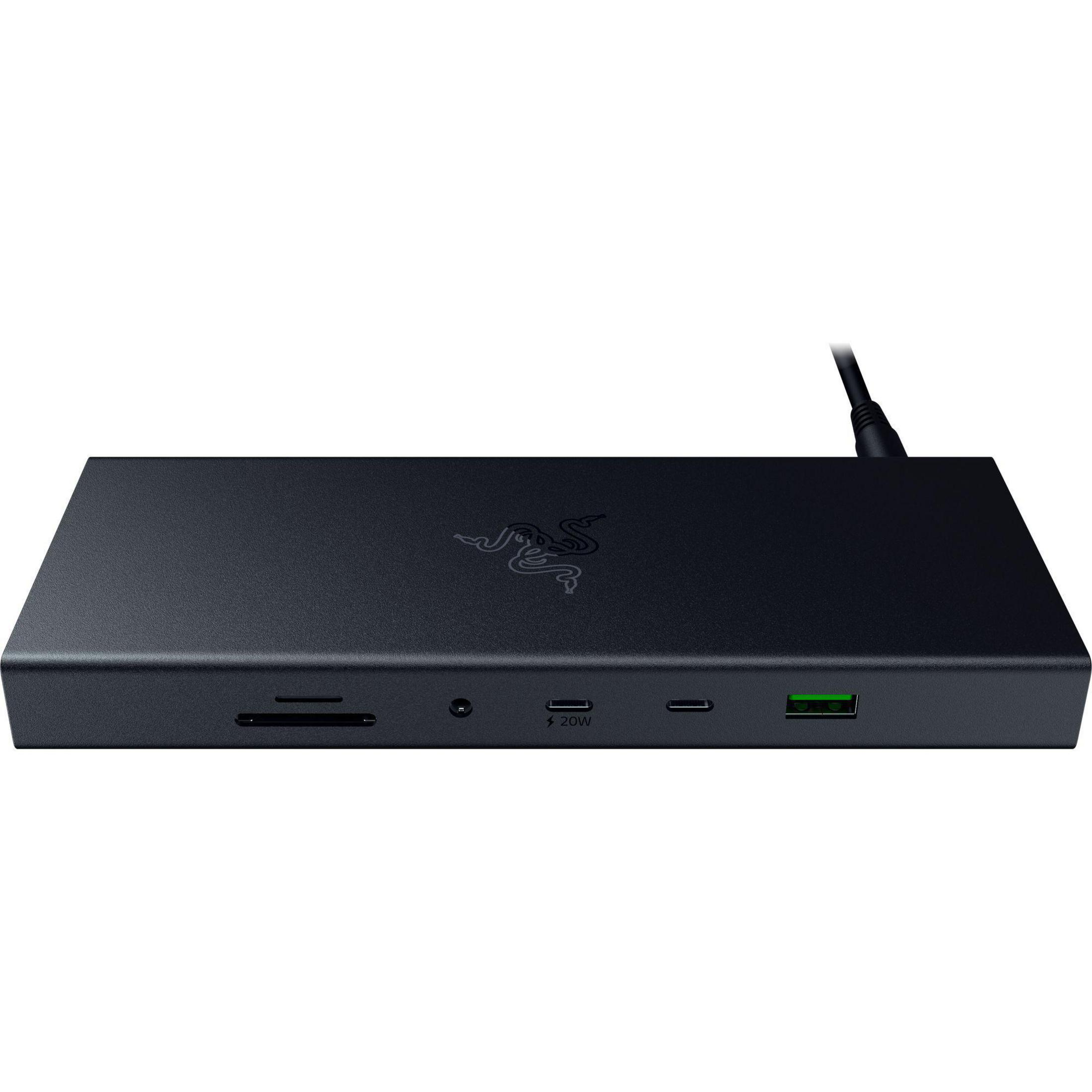 Schwarze Razer-Dockingstation abgewinkelt, mit verschiedenen Anschlüssen. Razer-Logo sichtbar.