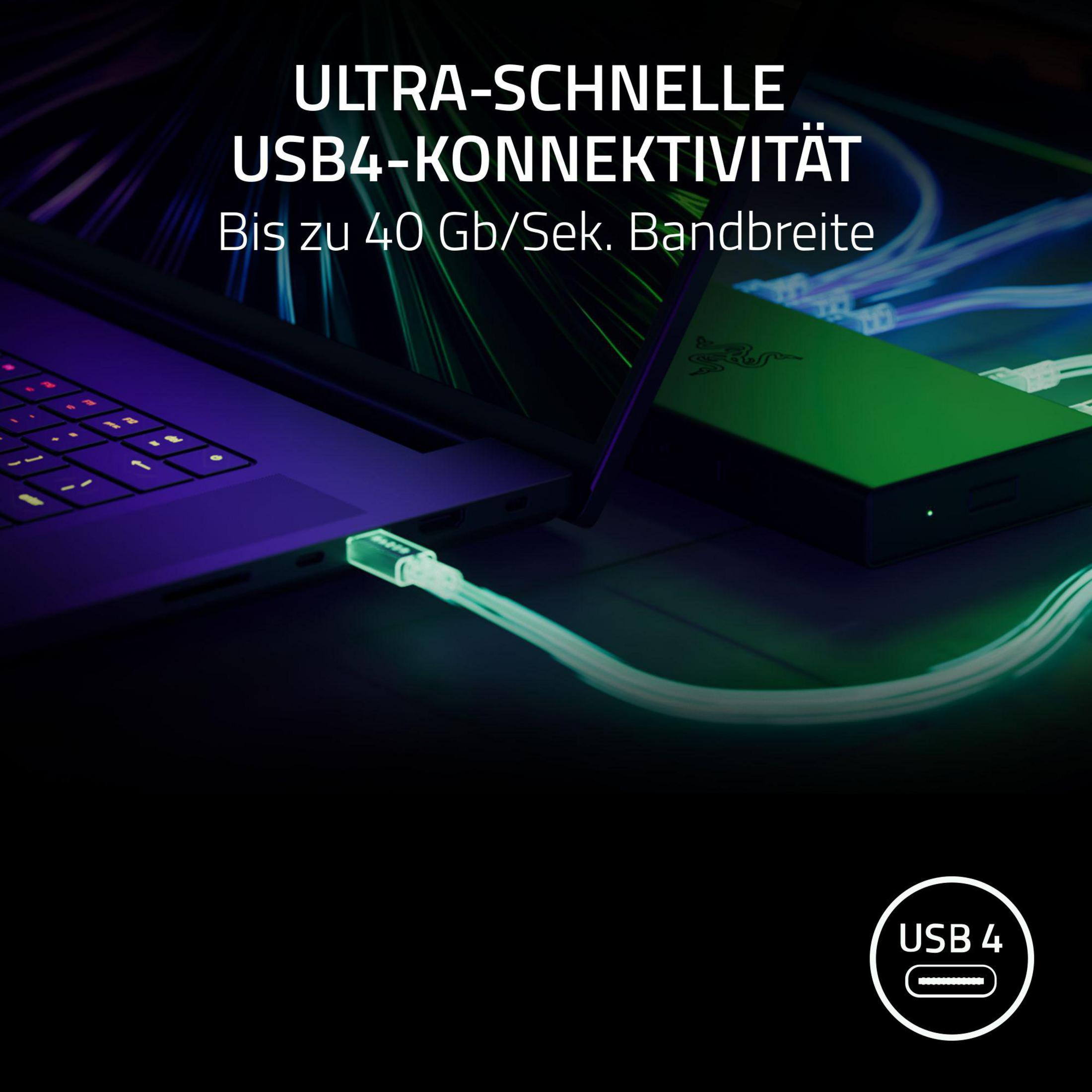 Nahaufnahme eines Laptops, der mit einer Dockingstation verbunden ist, mit Text über USB 4.
