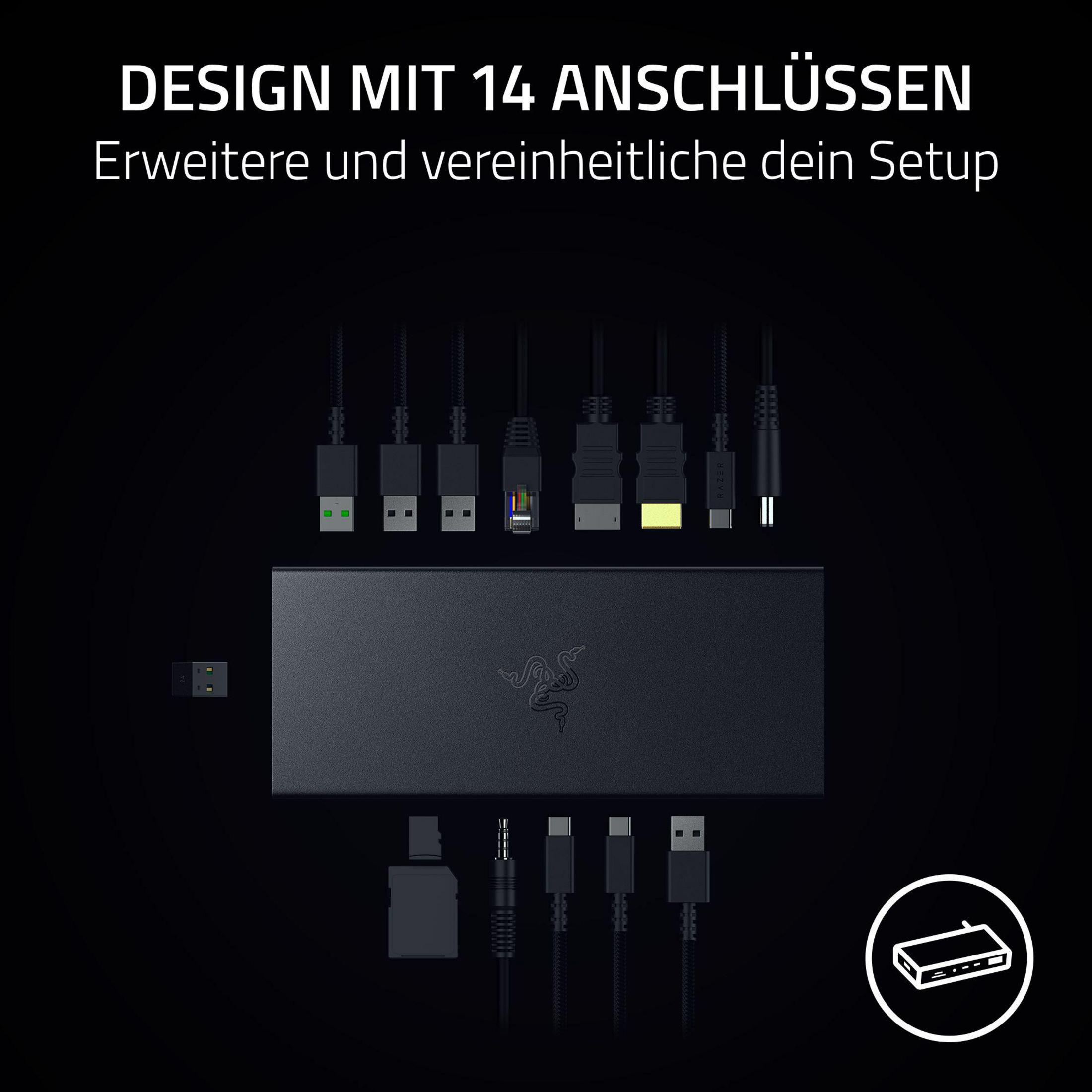 Eine schwarze Dockingstation mit mehreren Anschlüssen, mit Text über Design und Konnektivität.