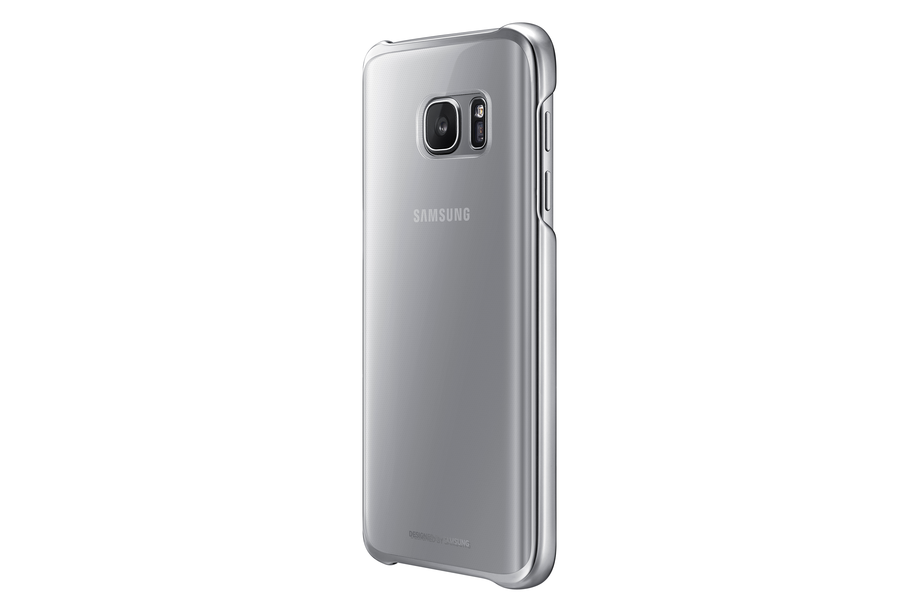 Un telefono in una custodia trasparente, ad angolo. Il logo Samsung è visibile.