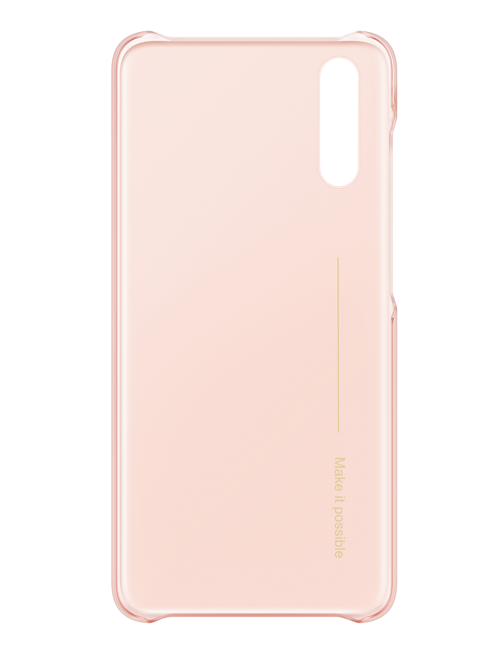 Eine rosa Handyhülle mit dem Schriftzug „Make it possible“, isoliert vor einem weißen Hintergrund.