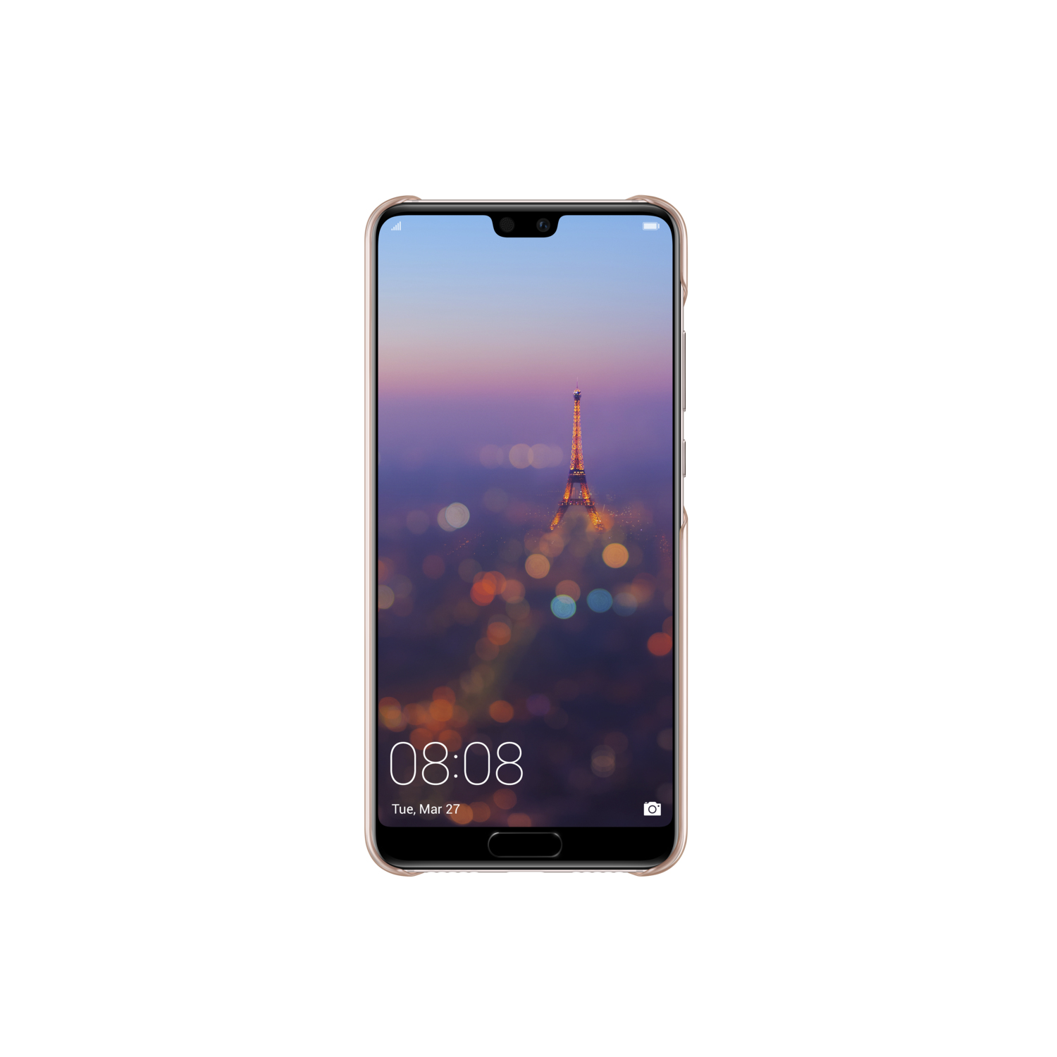Ein Telefon zeigt den Eiffelturm und eine Stadtlandschaft in der Dämmerung, eingebettet in eine durchsichtige rosa Hülle.