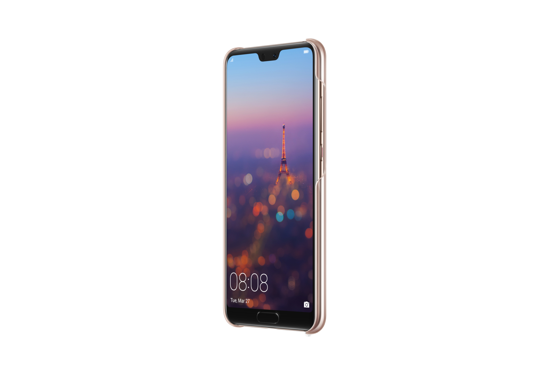 Ein Telefon zeigt den Eiffelturm und eine Stadtlandschaft in der Dämmerung, eingebettet in eine durchsichtige rosa Hülle.