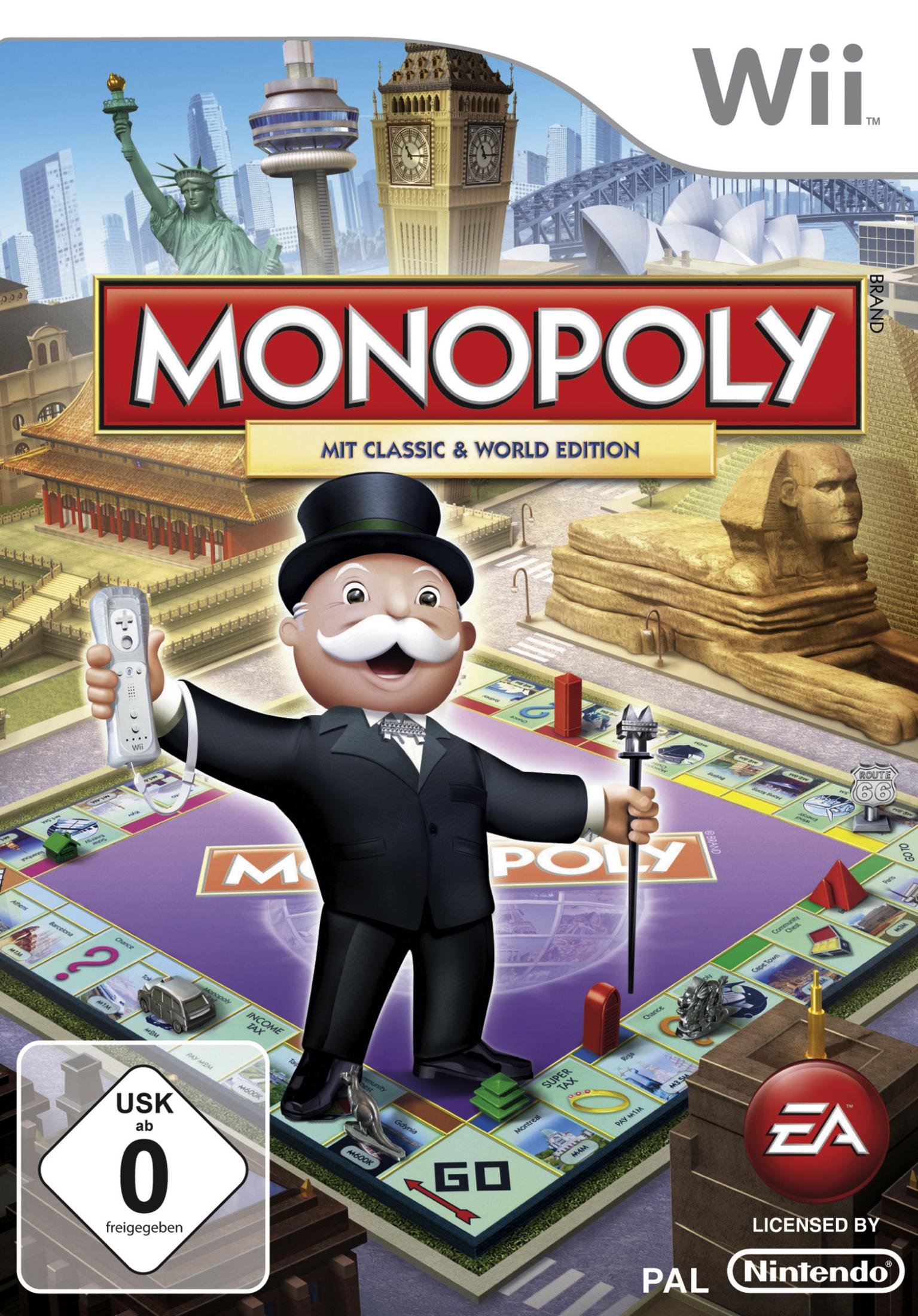Monopoly Wii-Spielbox mit einem Cartoon-Mann mit Schnurrbart und Welt-Wahrzeichen.