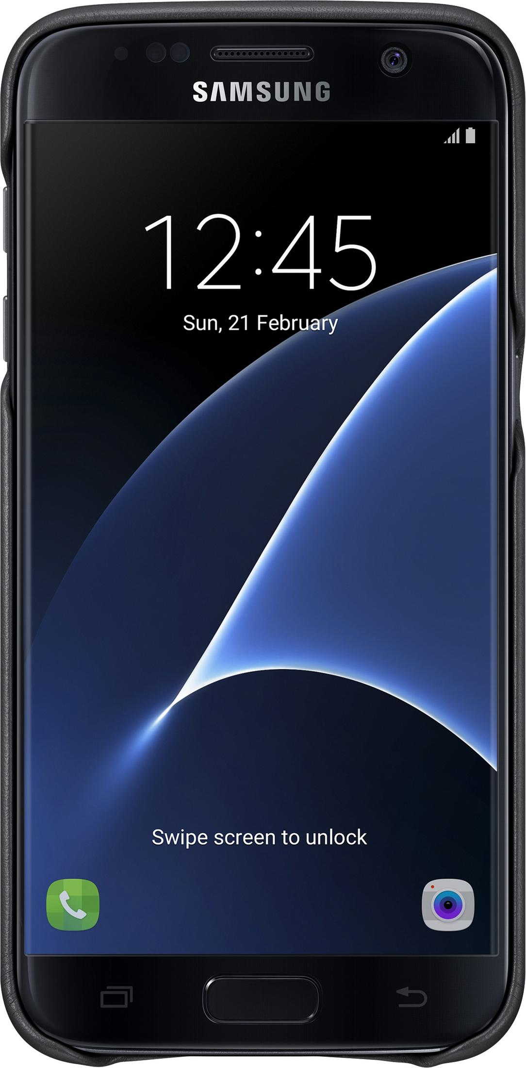 Un telefono Samsung in una custodia nera visualizza l'ora 12:45 e una schermata di blocco.